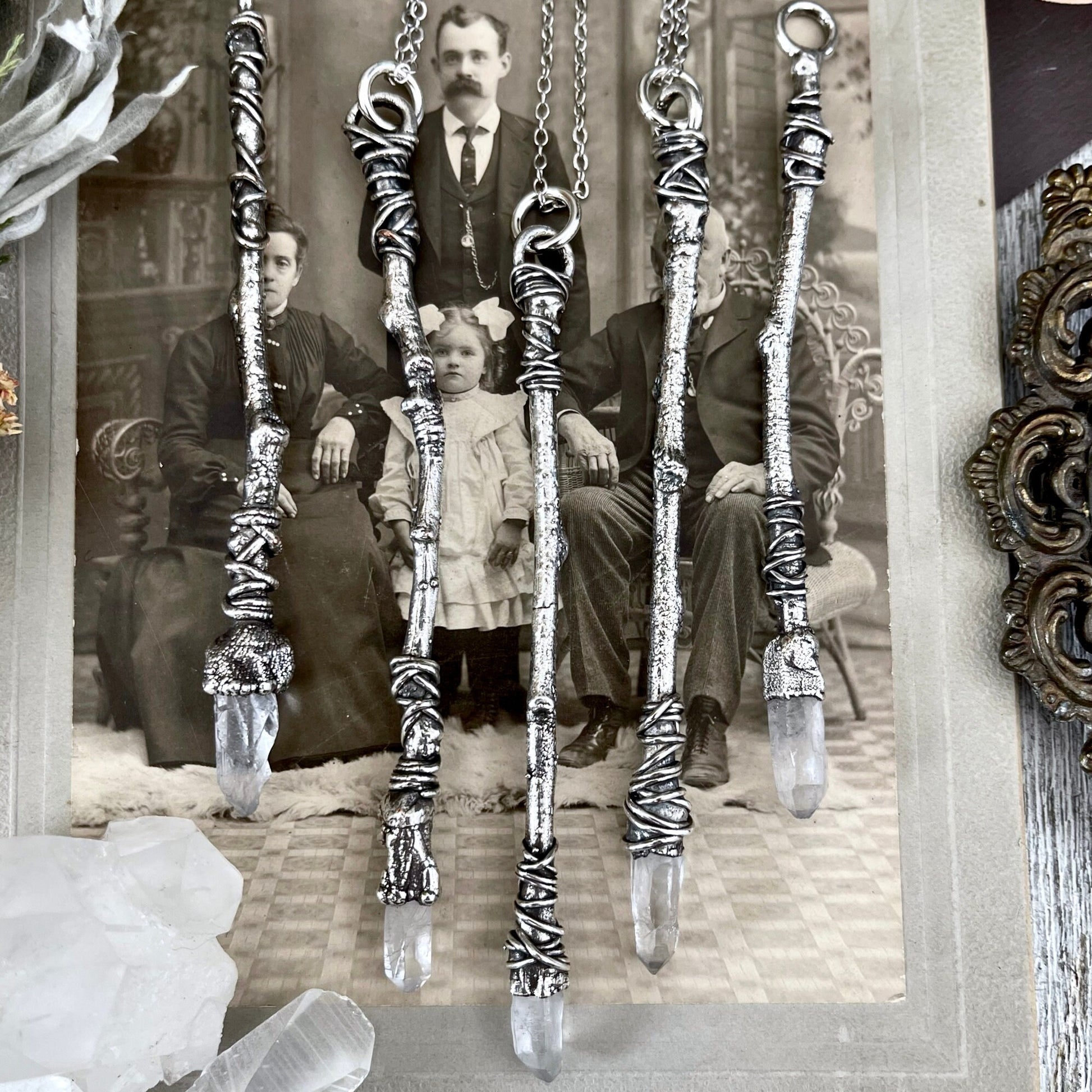 Crystal Wand Necklace Fine Silver Raw Crystal Point Necklace / Wizard Witches Wand Necklace Pendant - Foxlark Crystal Jewelry