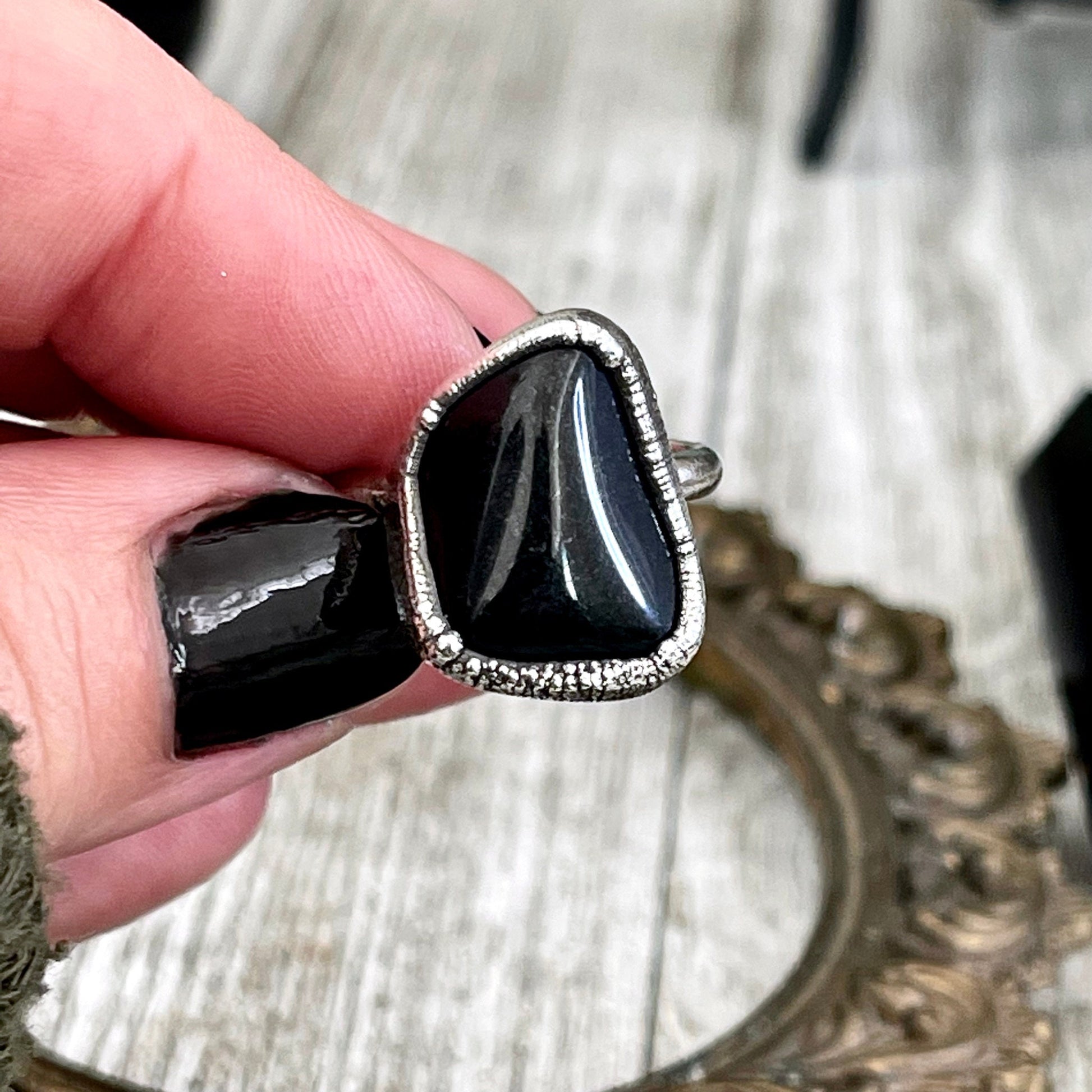 Natural Black Onyx Small Stone Ring in Fine Silver Size 5 6 7 8 9 10 / Foxlark Collection - Foxlark Crystal Jewelry