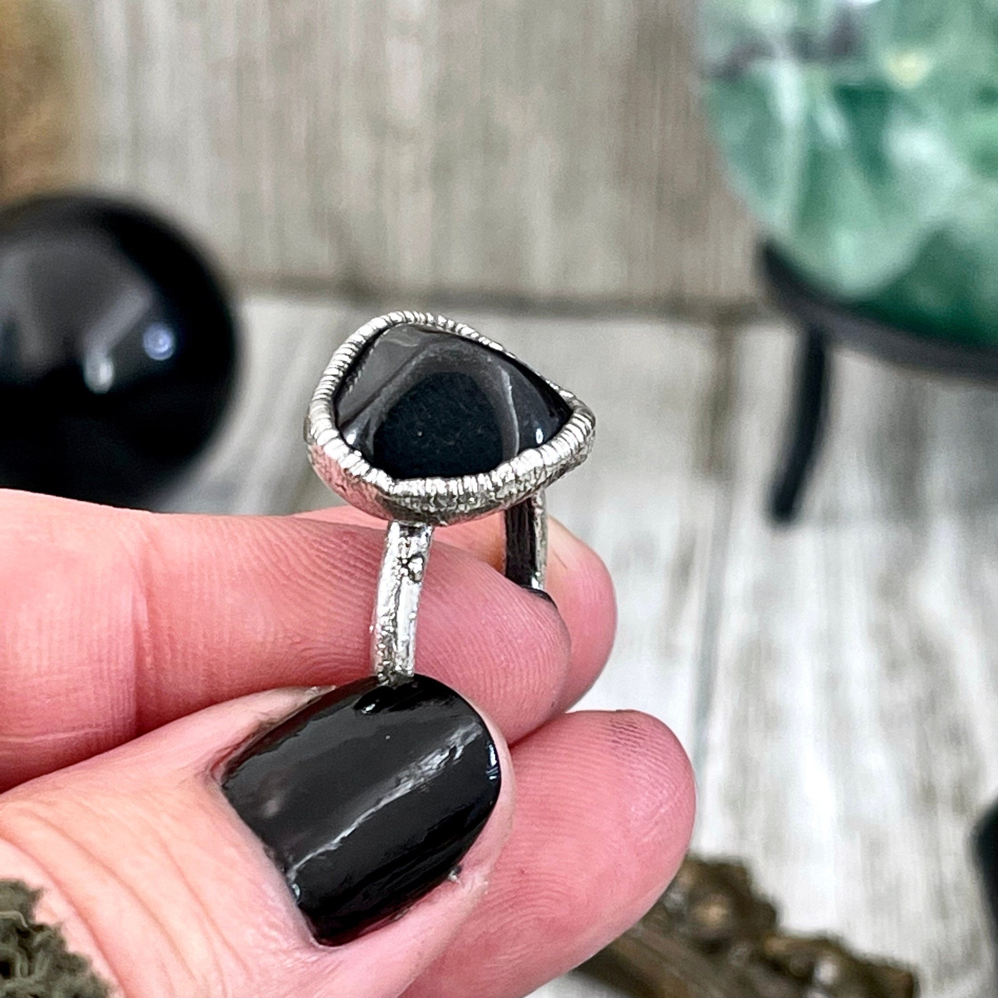 Natural Black Onyx Small Stone Ring in Fine Silver Size 5 6 7 8 9 10 / Foxlark Collection - Foxlark Crystal Jewelry
