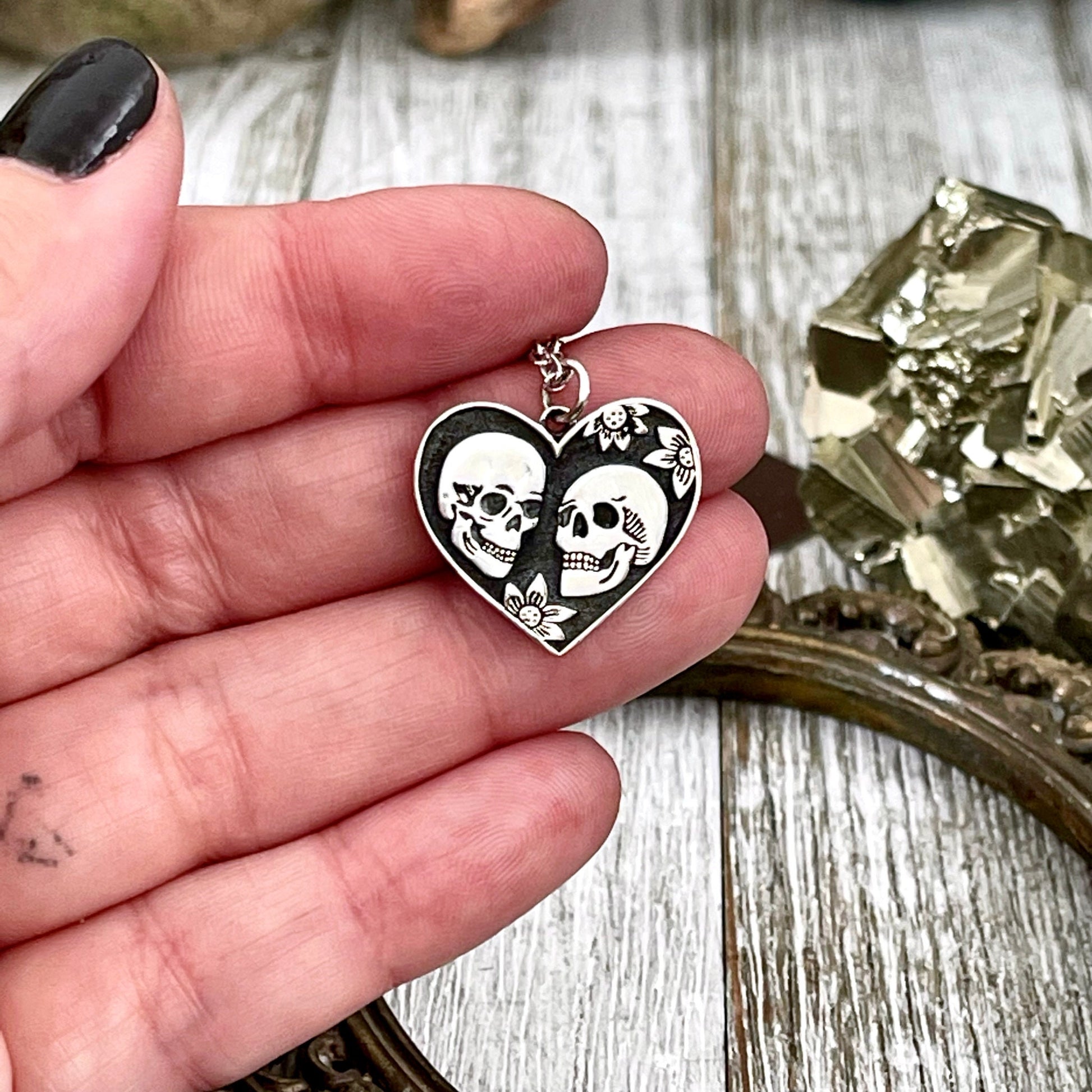 Tiny Talisman Collection - Sterling Silver The Lovers Skull & Heart Necklace Charm 24x22mm / - Foxlark Crystal Jewelry