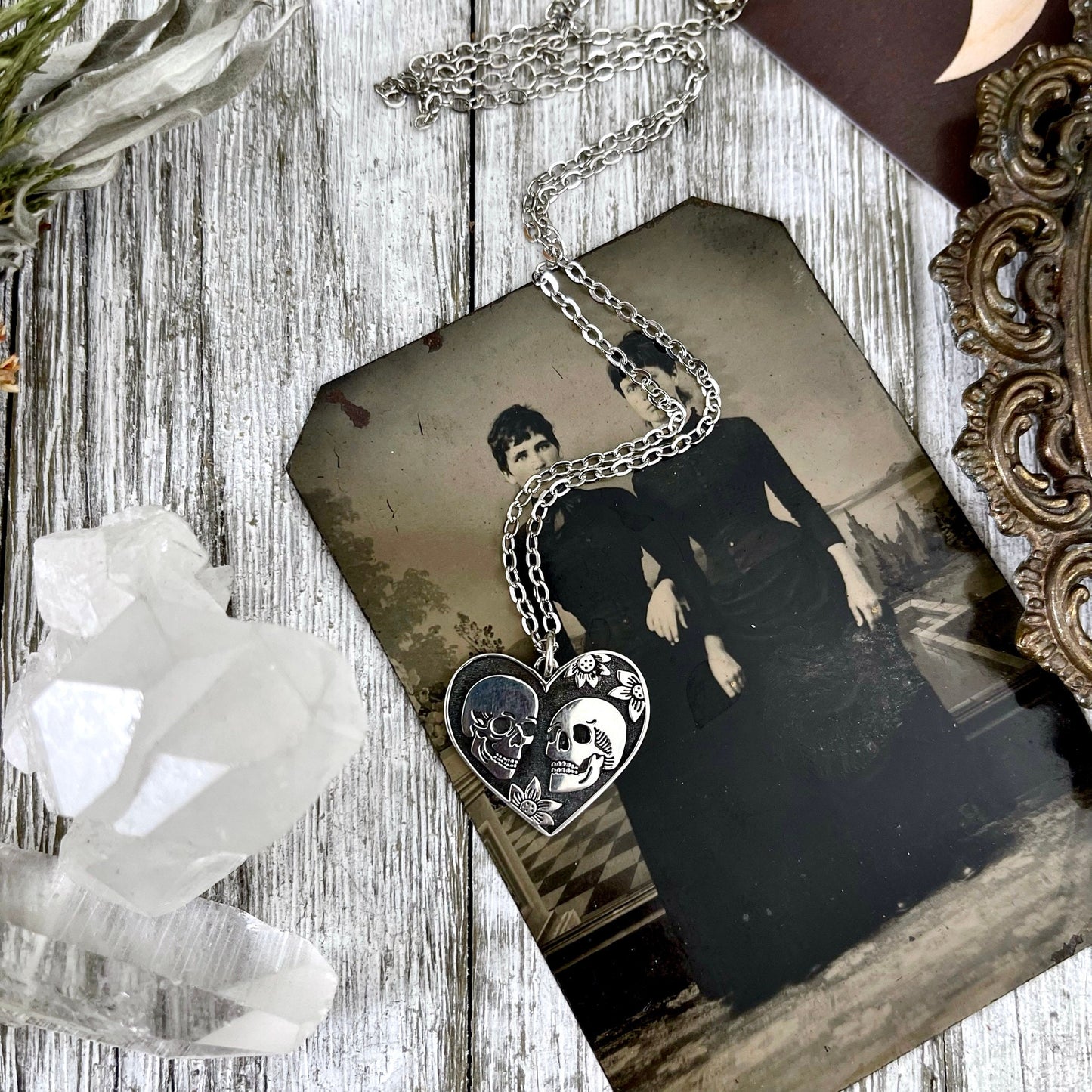 Tiny Talisman Collection - Sterling Silver The Lovers Skull & Heart Necklace Charm 24x22mm / - Foxlark Crystal Jewelry