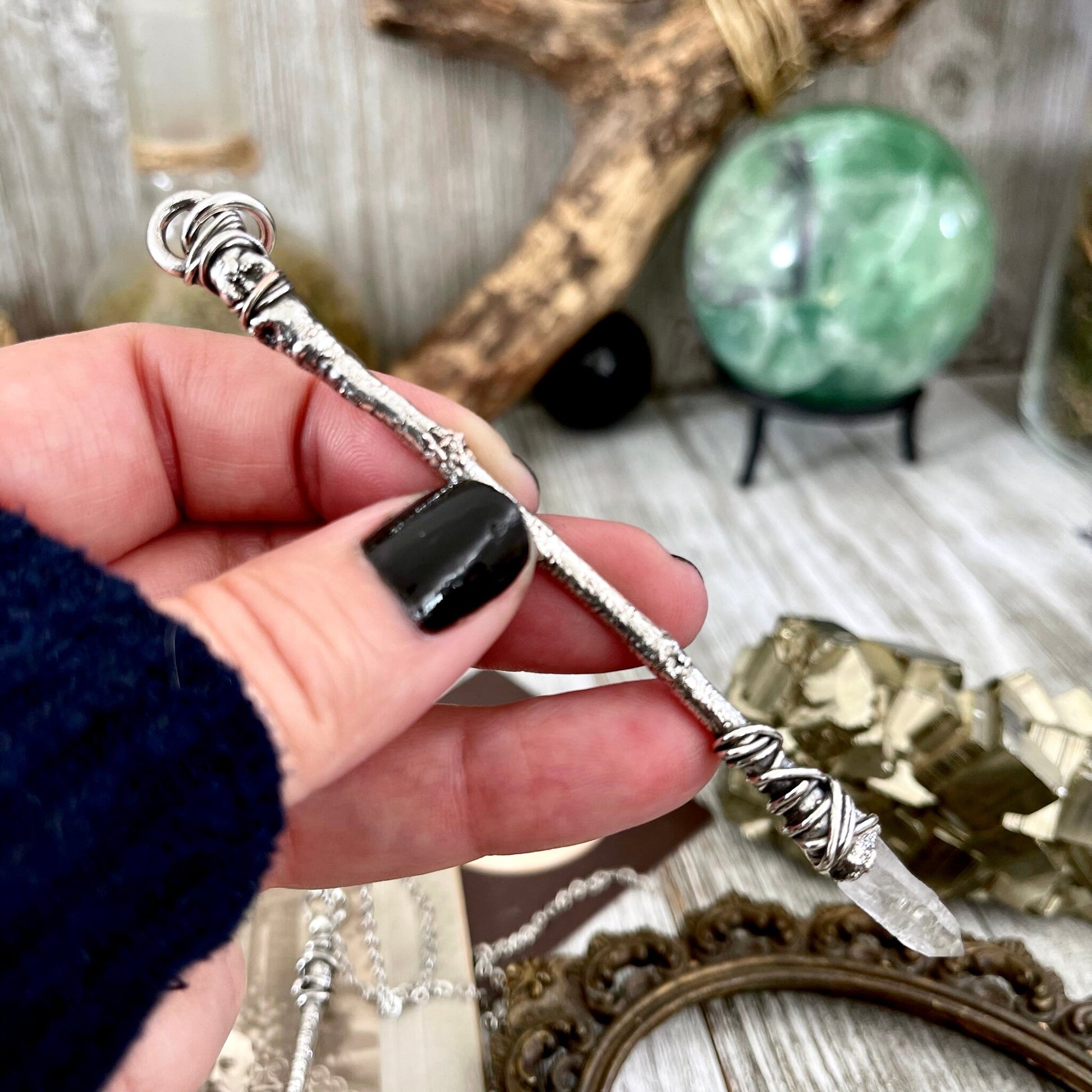 Crystal Wand Necklace Fine Silver Raw Crystal Point Necklace / Wizard Witches Wand Necklace Pendant - Foxlark Crystal Jewelry