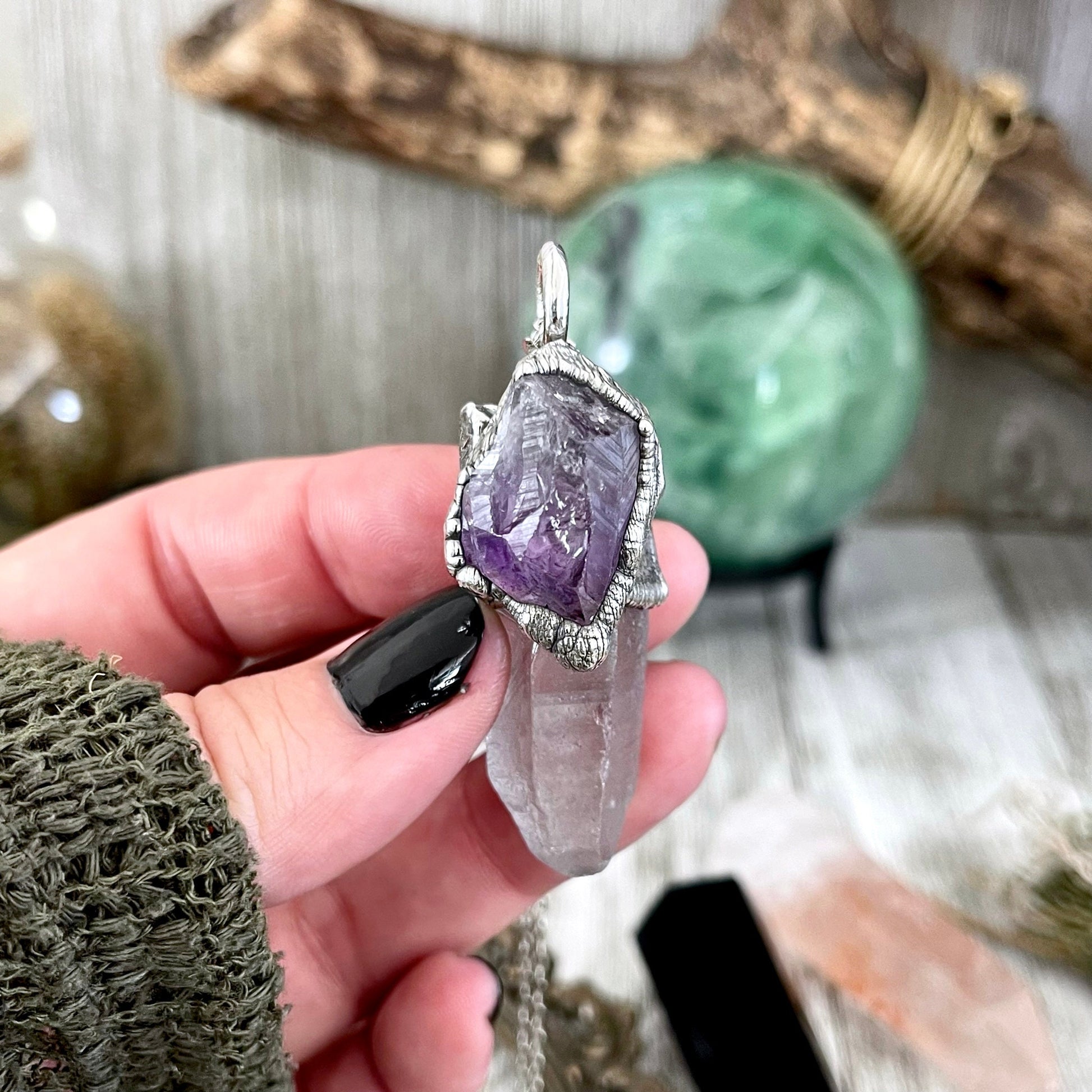 Raw Clear Quartz & Purple Amethyst Crystal Statement Necklace in Fine Silver / Foxlark Collection - One of a Kind - Foxlark Crystal Jewelry