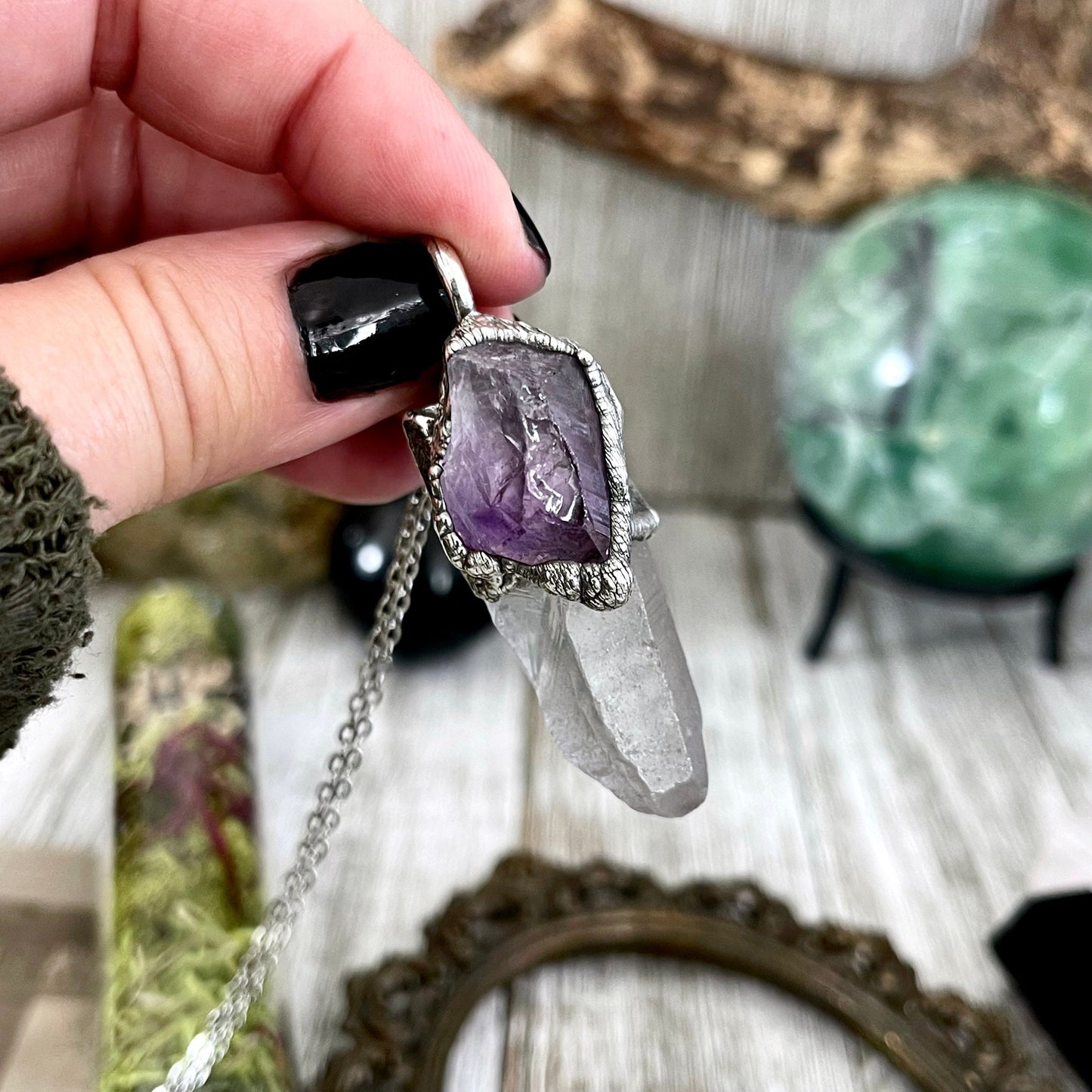 Raw Clear Quartz & Purple Amethyst Crystal Statement Necklace in Fine Silver / Foxlark Collection - One of a Kind - Foxlark Crystal Jewelry