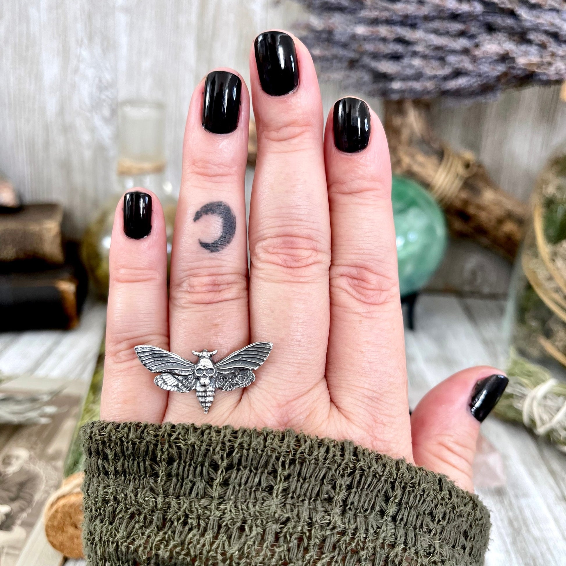 Tiny Talismans Collection- Death's Head Moth Ring in Sterling Silver Size 7 8 9 / Curated Collection - Foxlark Crystal Jewelry