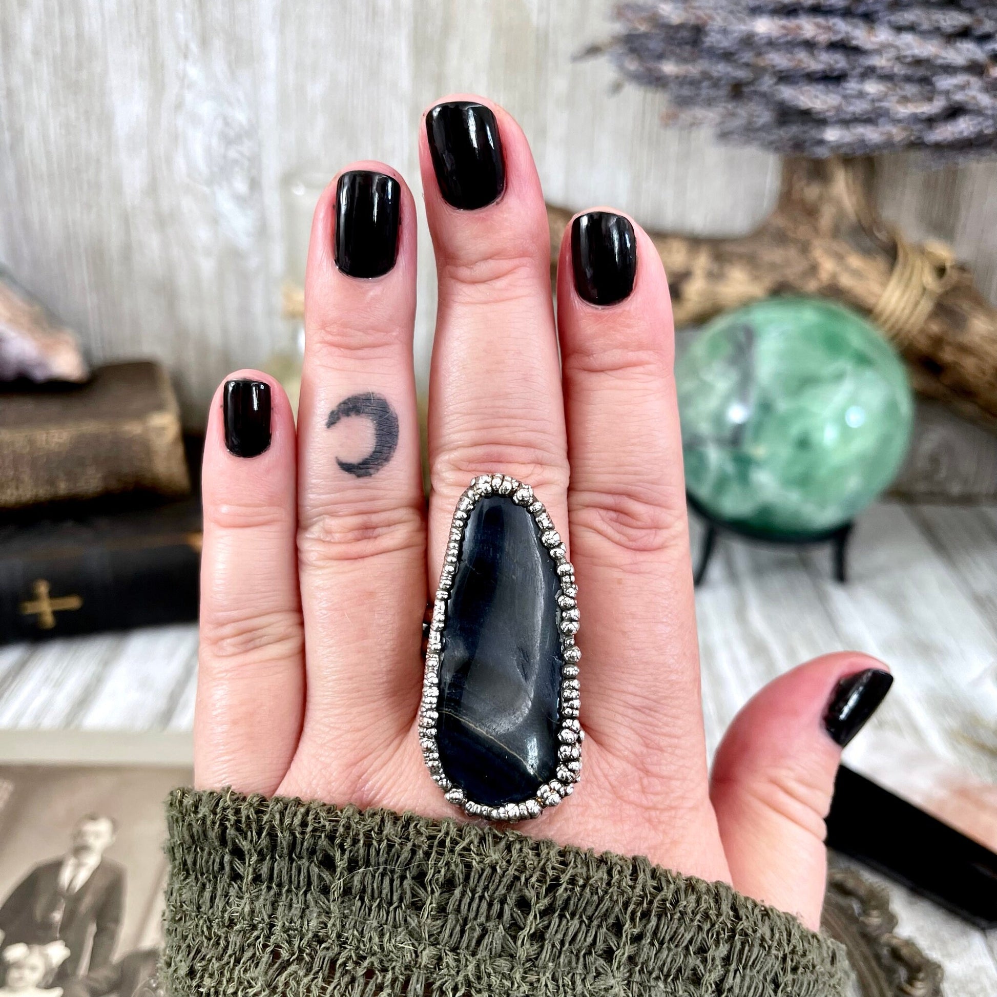 Size 10 Blue Tigers Eye Large Crystal Statement Ring in Fine Silver / Foxlark Collection - One of a Kind - Foxlark Crystal Jewelry
