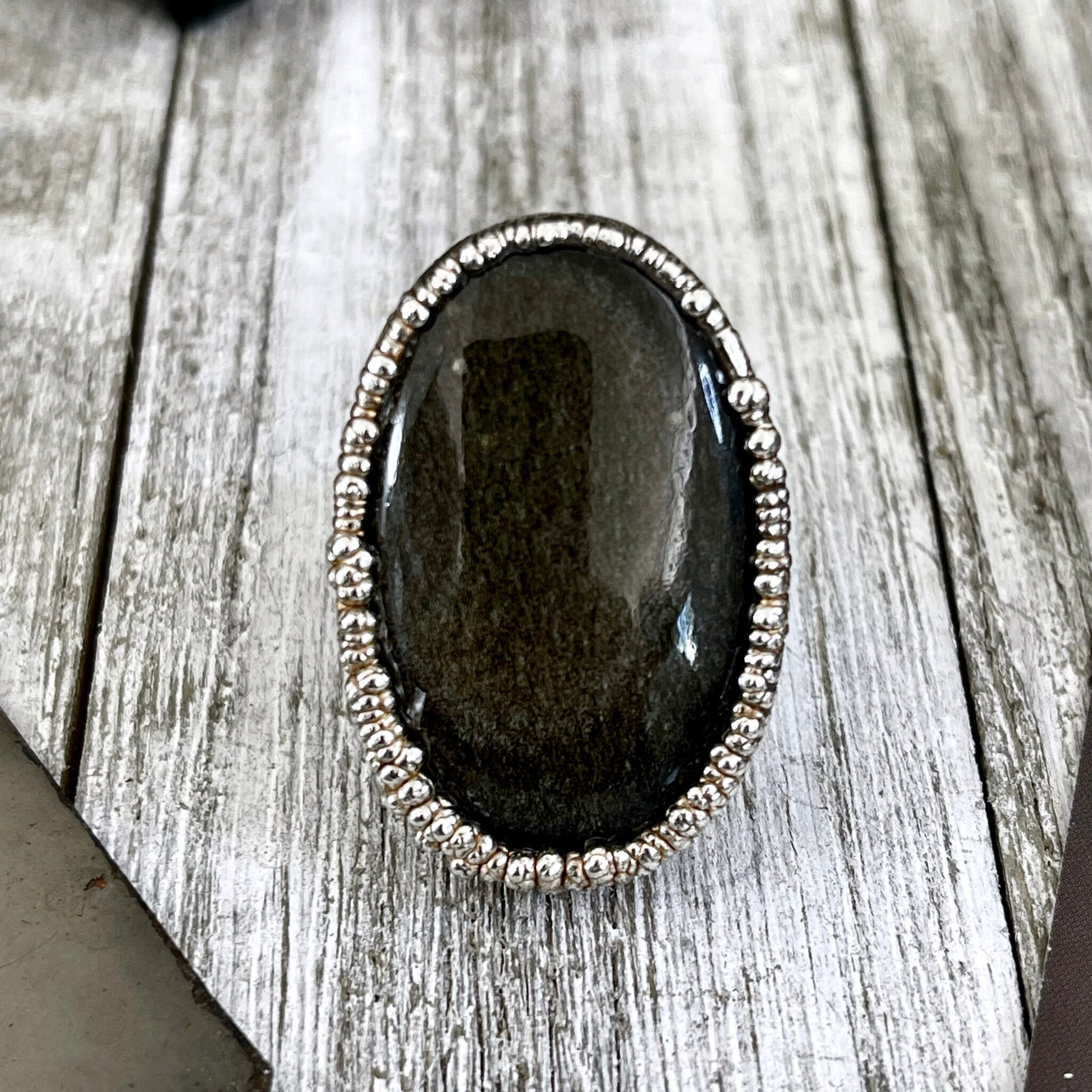 Size 7 Silver Sheen Obsidian Statement Ring in fine Silver / Foxlark Collection - One of a Kind - Foxlark Crystal Jewelry