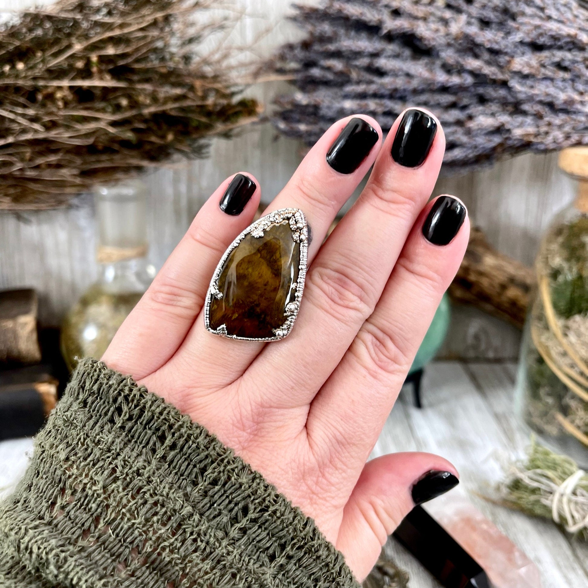 Size 7 Silver Natural Fancy Moss Agate Crystal Statement Ring / Foxlark Collection - One of a Kind - Foxlark Crystal Jewelry