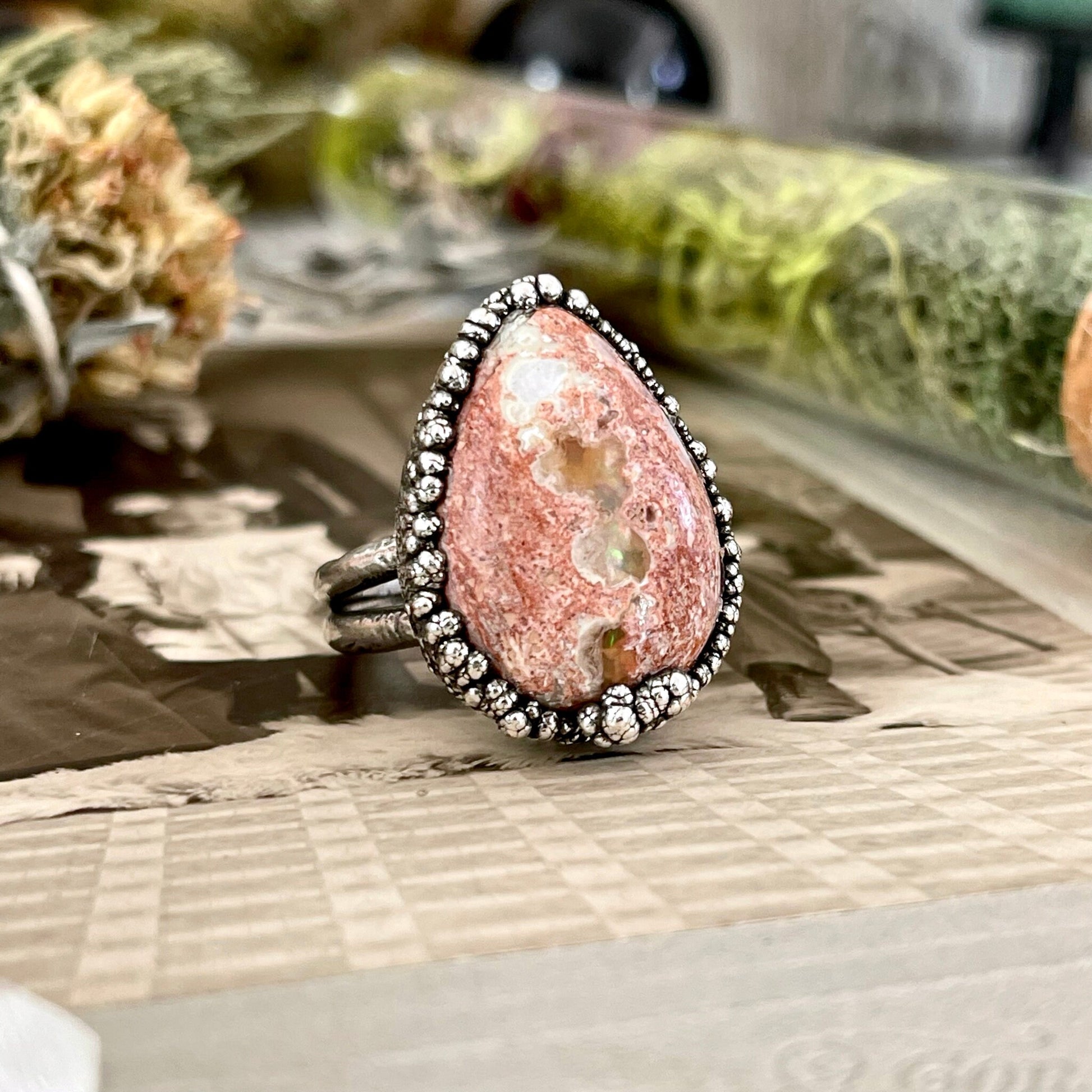 Size 8 Mexican Fire Opal Crystal Ring in Fine Silver / Foxlark Collection - One of a Kind - Foxlark Crystal Jewelry