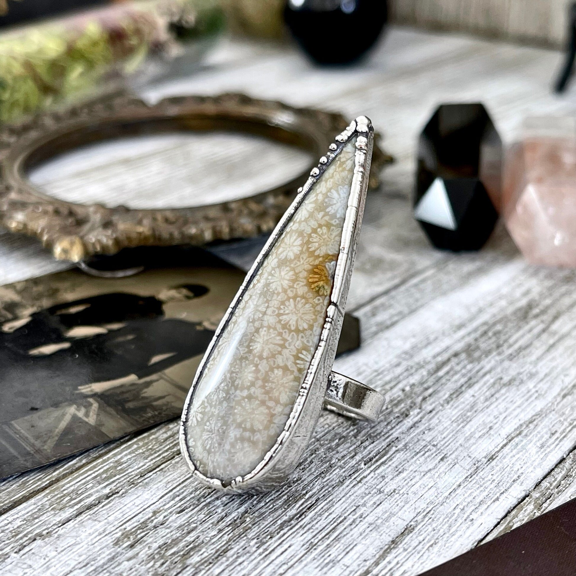 Size 8 Fossilized Coral Silver Statement Ring / Foxlark Collection - One of a Kind - Foxlark Crystal Jewelry