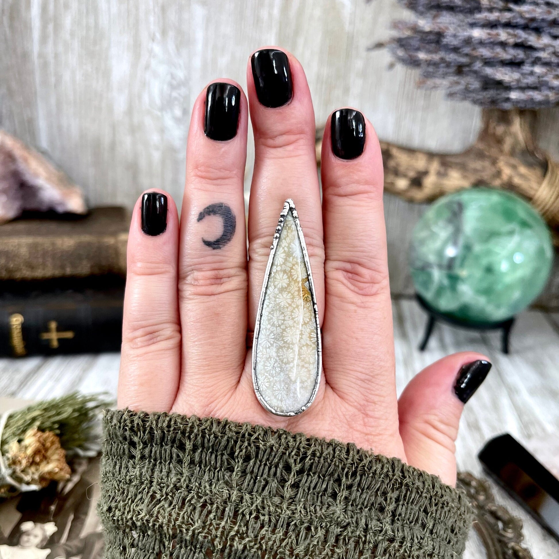 Size 8 Fossilized Coral Silver Statement Ring / Foxlark Collection - One of a Kind - Foxlark Crystal Jewelry