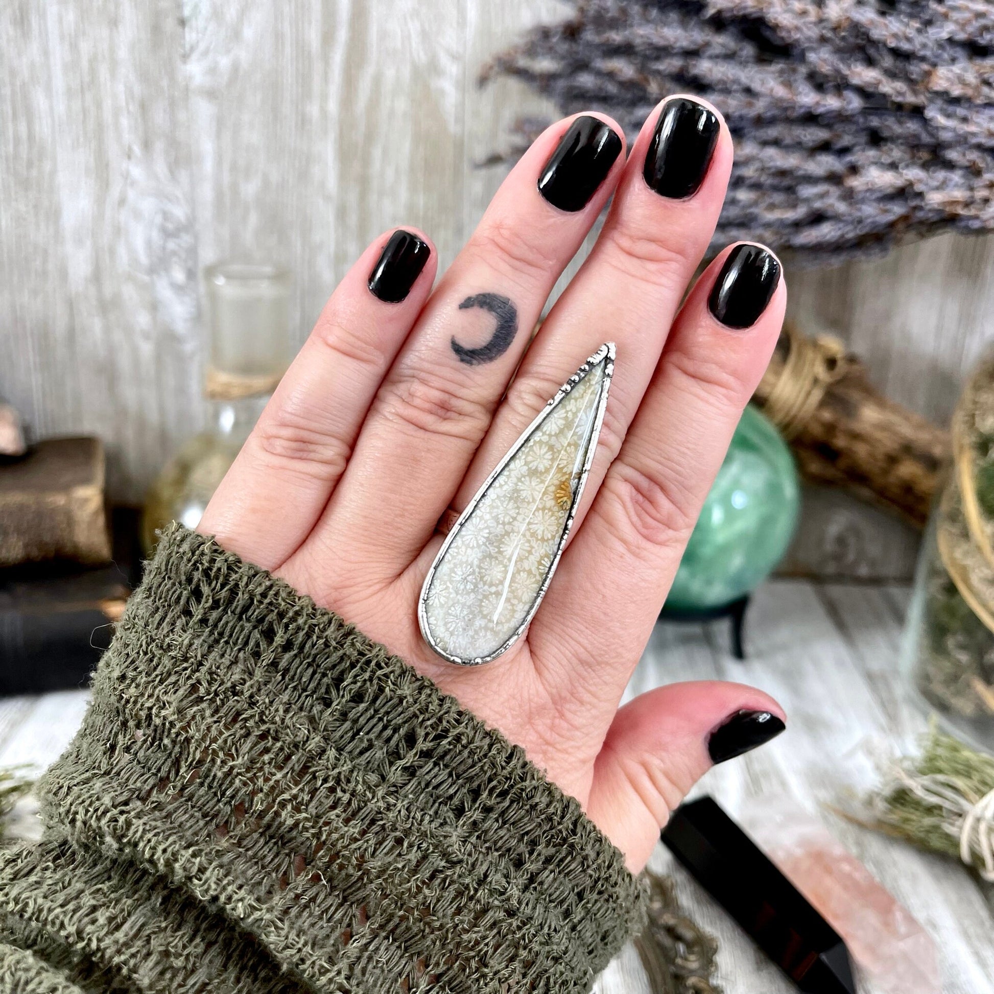 Size 8 Fossilized Coral Silver Statement Ring / Foxlark Collection - One of a Kind - Foxlark Crystal Jewelry