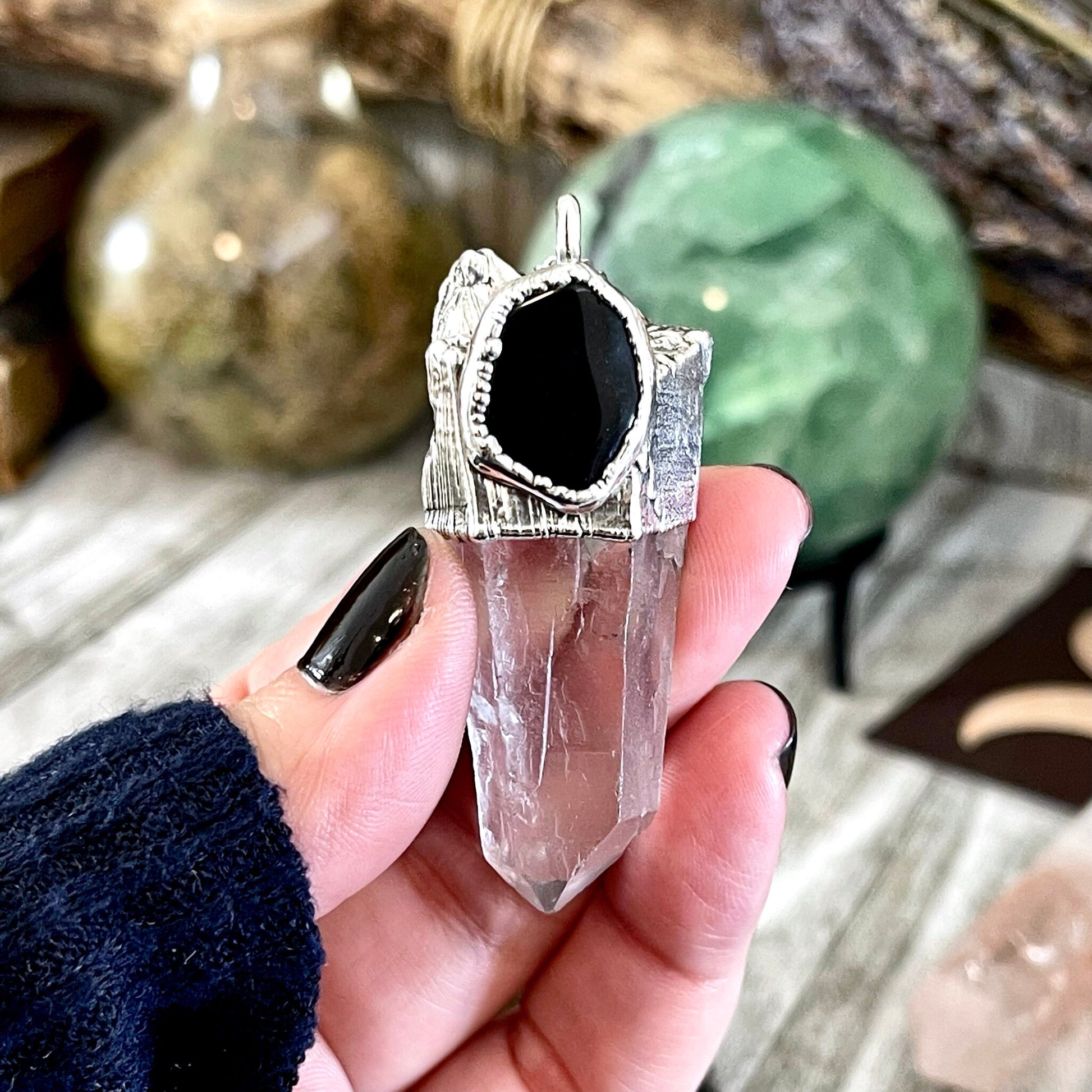 Raw Clear Quartz & Black Onyx Crystal Statement Necklace in Fine Silver / Foxlark Collection - One of a Kind - Foxlark Crystal Jewelry