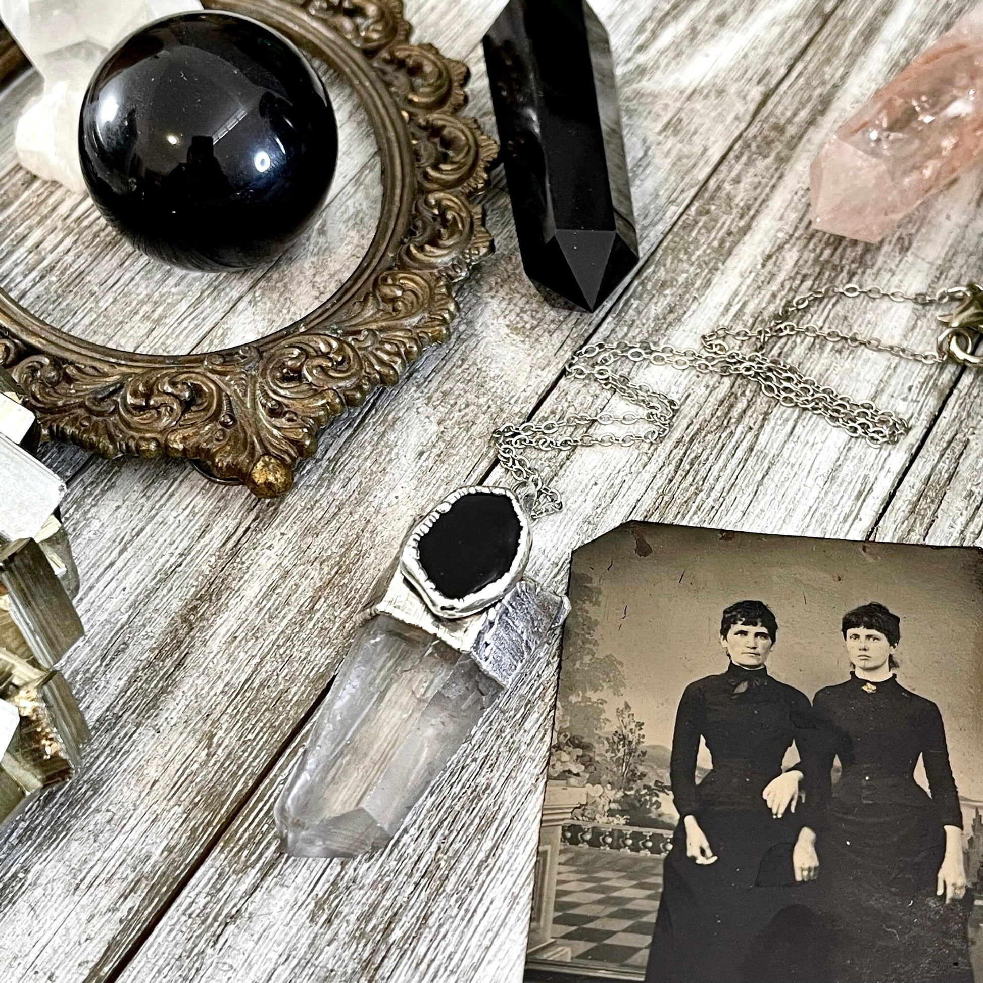Raw Clear Quartz & Black Onyx Crystal Statement Necklace in Fine Silver / Foxlark Collection - One of a Kind - Foxlark Crystal Jewelry