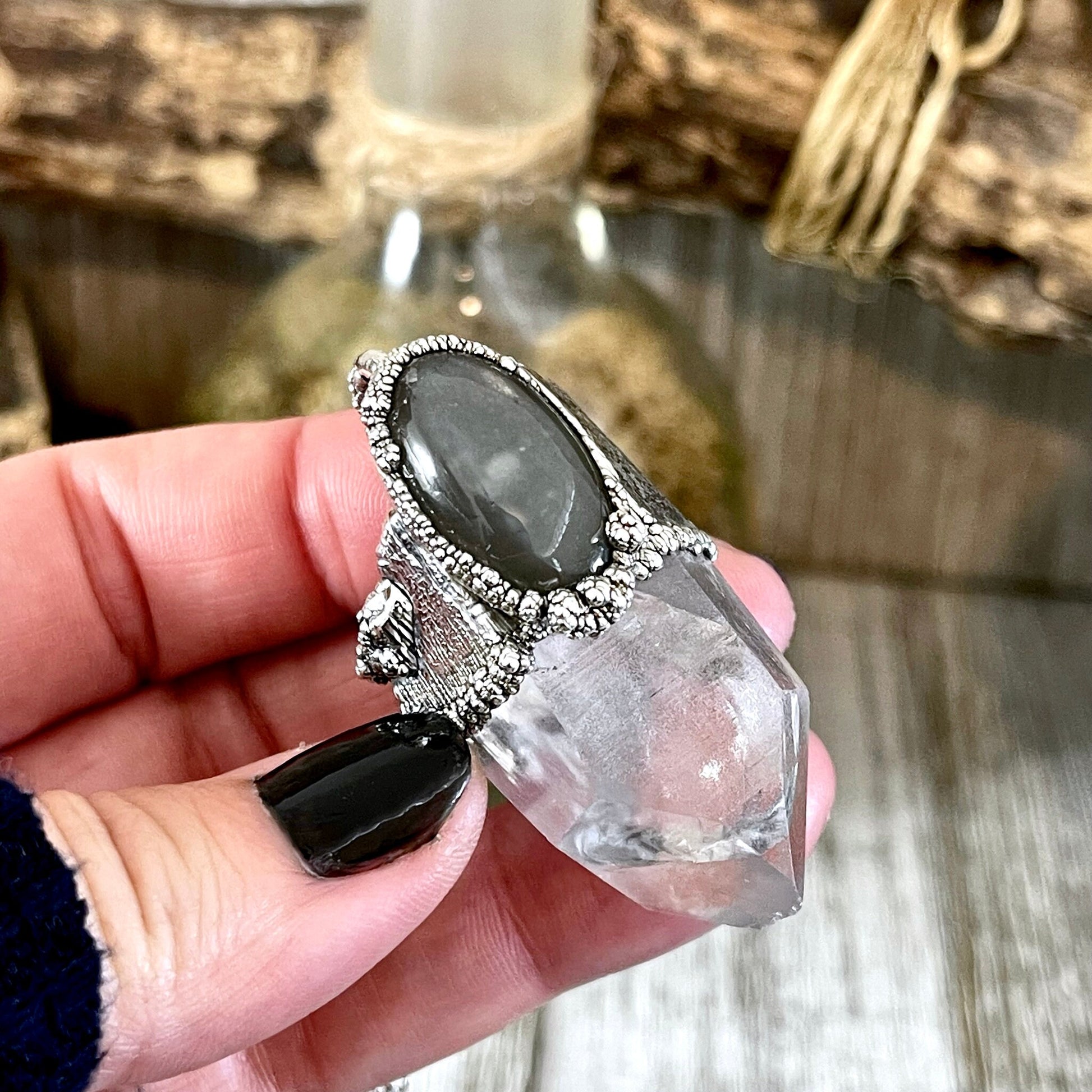 Clear Quartz & Grey Moonstone Crystal Statement Necklace in Fine Silver / Foxlark Collection - One of a Kind - Foxlark Crystal Jewelry
