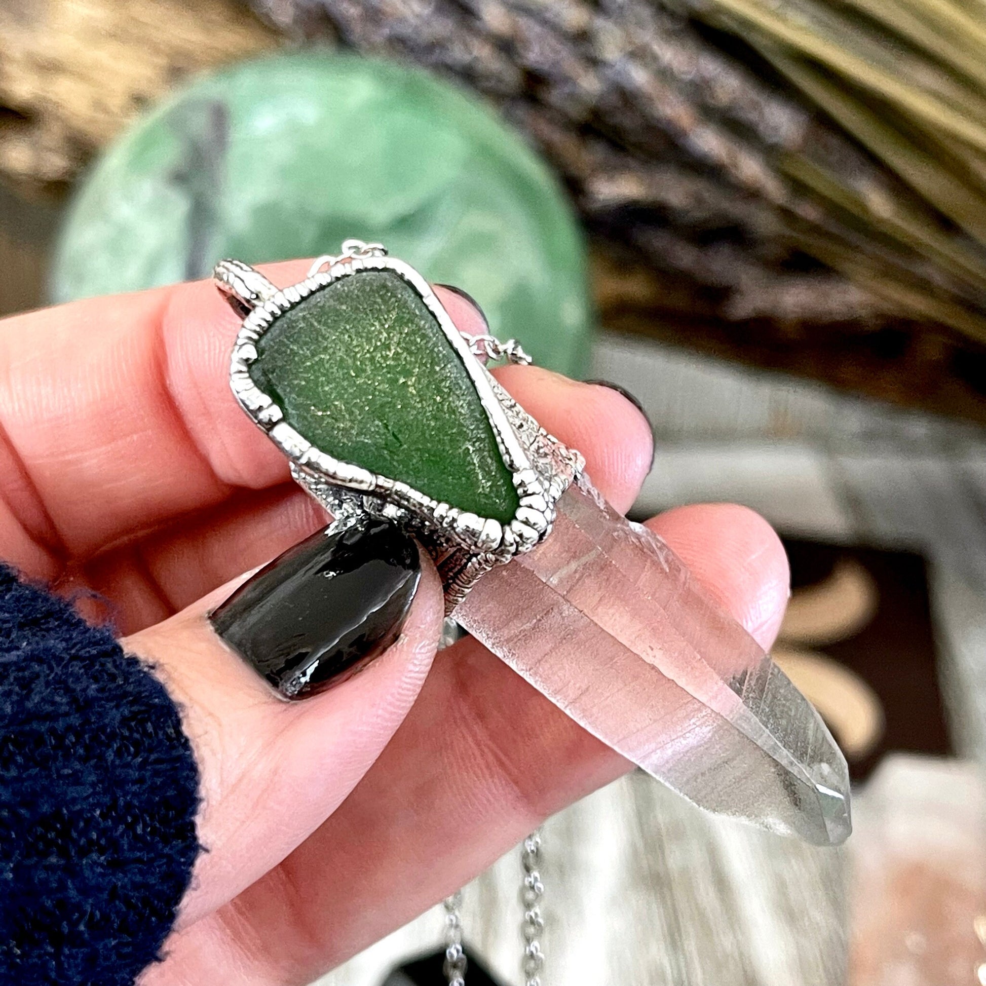 Raw Clear Quartz & Green Sea Glass Crystal Statement Necklace in Fine Silver / Foxlark Collection - One of a Kind - Foxlark Crystal Jewelry