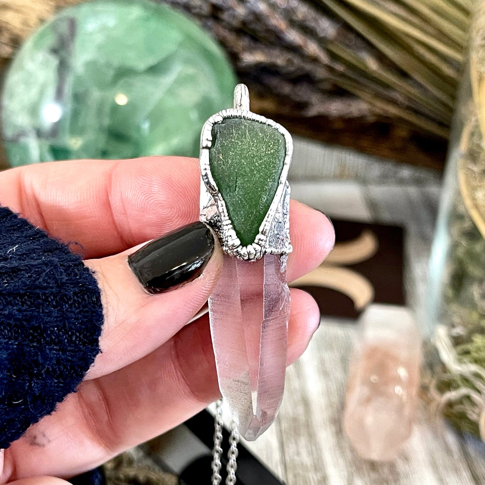 Raw Clear Quartz & Green Sea Glass Crystal Statement Necklace in Fine Silver / Foxlark Collection - One of a Kind - Foxlark Crystal Jewelry