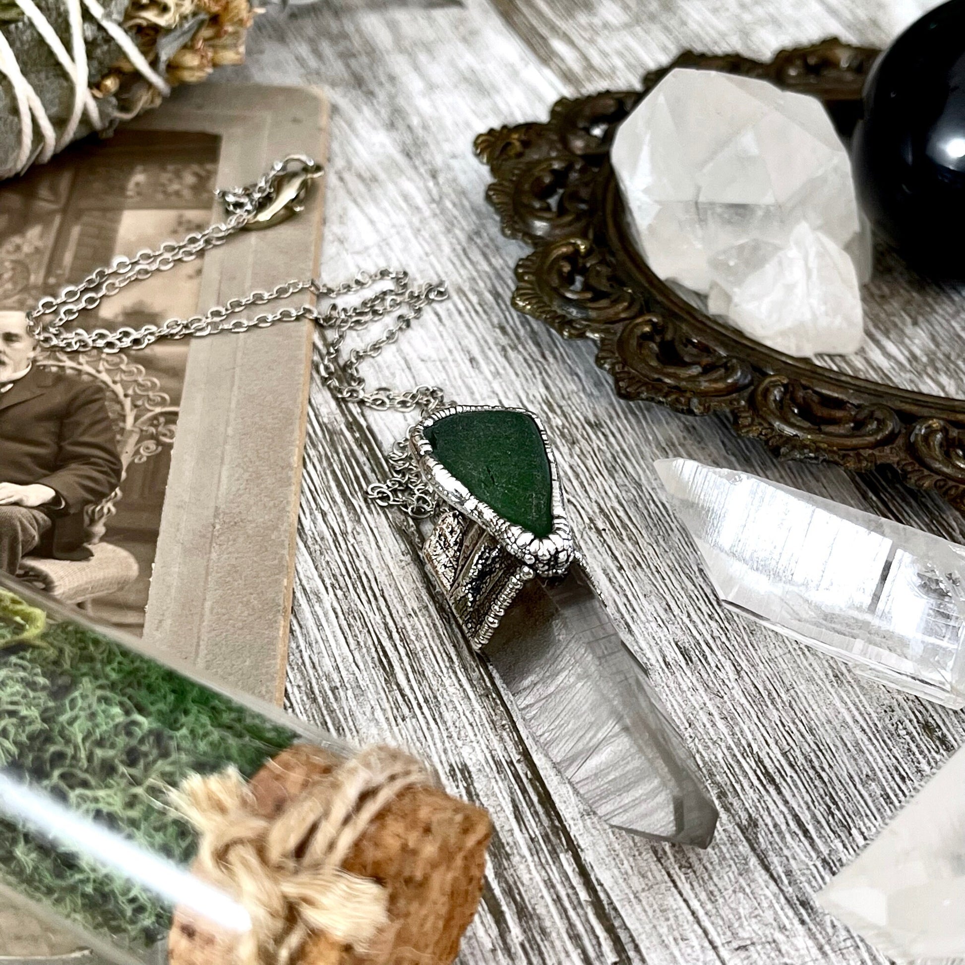 Raw Clear Quartz & Green Sea Glass Crystal Statement Necklace in Fine Silver / Foxlark Collection - One of a Kind - Foxlark Crystal Jewelry