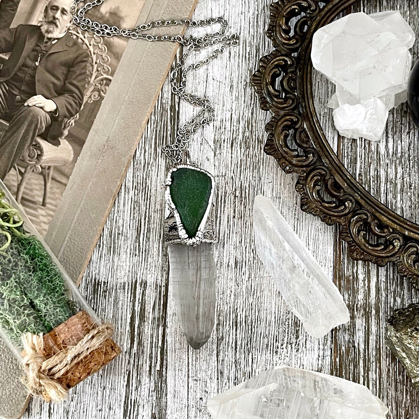 Raw Clear Quartz & Green Sea Glass Crystal Statement Necklace in Fine Silver / Foxlark Collection - One of a Kind - Foxlark Crystal Jewelry