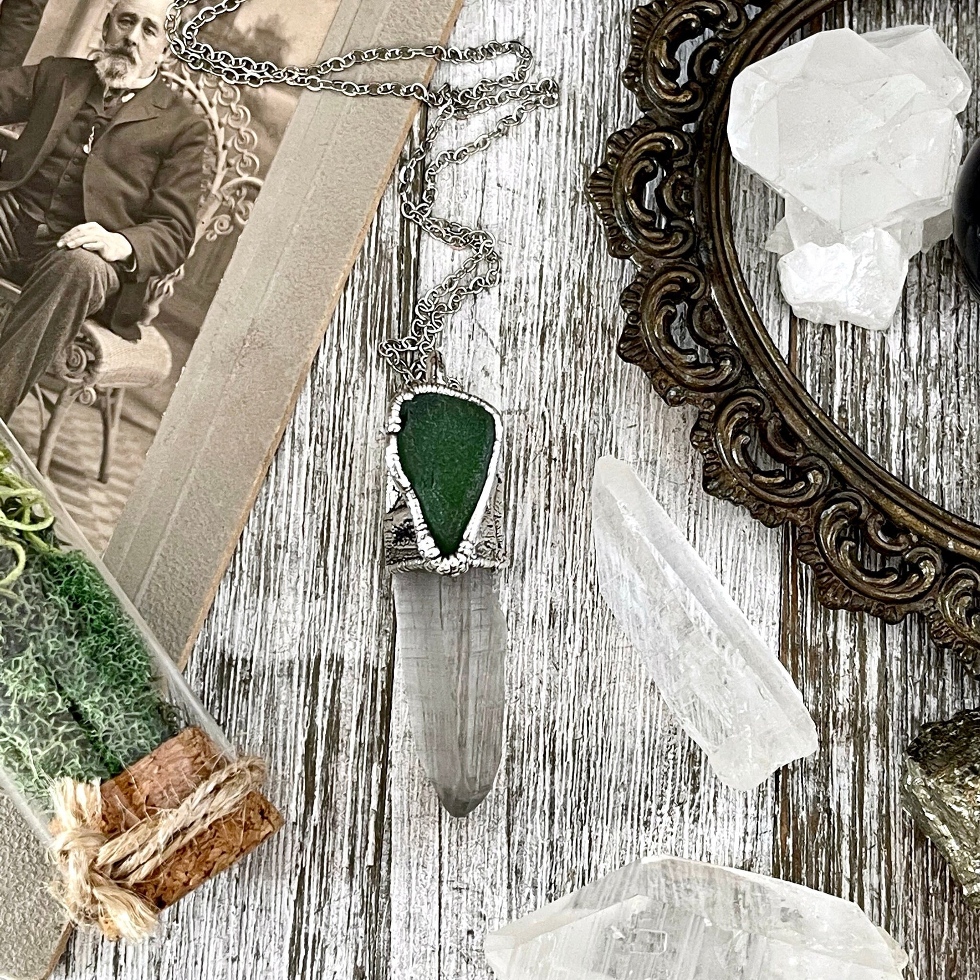 Raw Clear Quartz & Green Sea Glass Crystal Statement Necklace in Fine Silver / Foxlark Collection - One of a Kind - Foxlark Crystal Jewelry