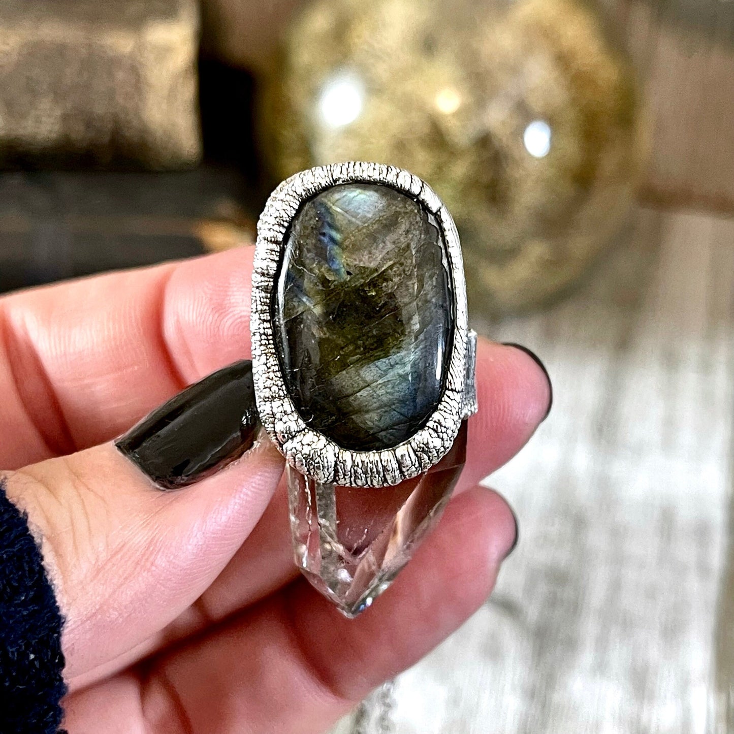 Clear Quartz & Green Labradorite Crystal Statement Necklace in Fine Silver / Foxlark Collection - One of a Kind - Foxlark Crystal Jewelry