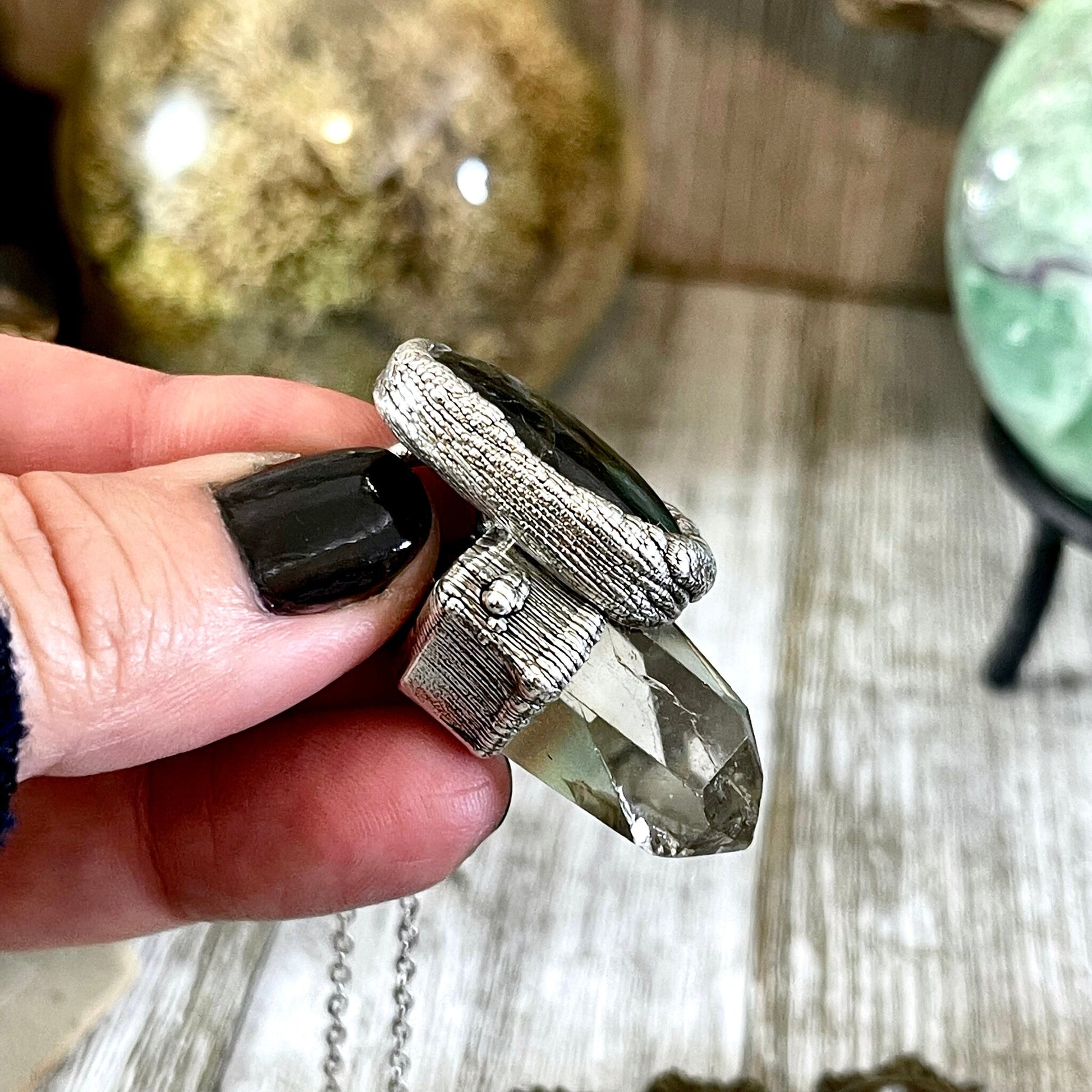 Clear Quartz & Green Labradorite Crystal Statement Necklace in Fine Silver / Foxlark Collection - One of a Kind - Foxlark Crystal Jewelry