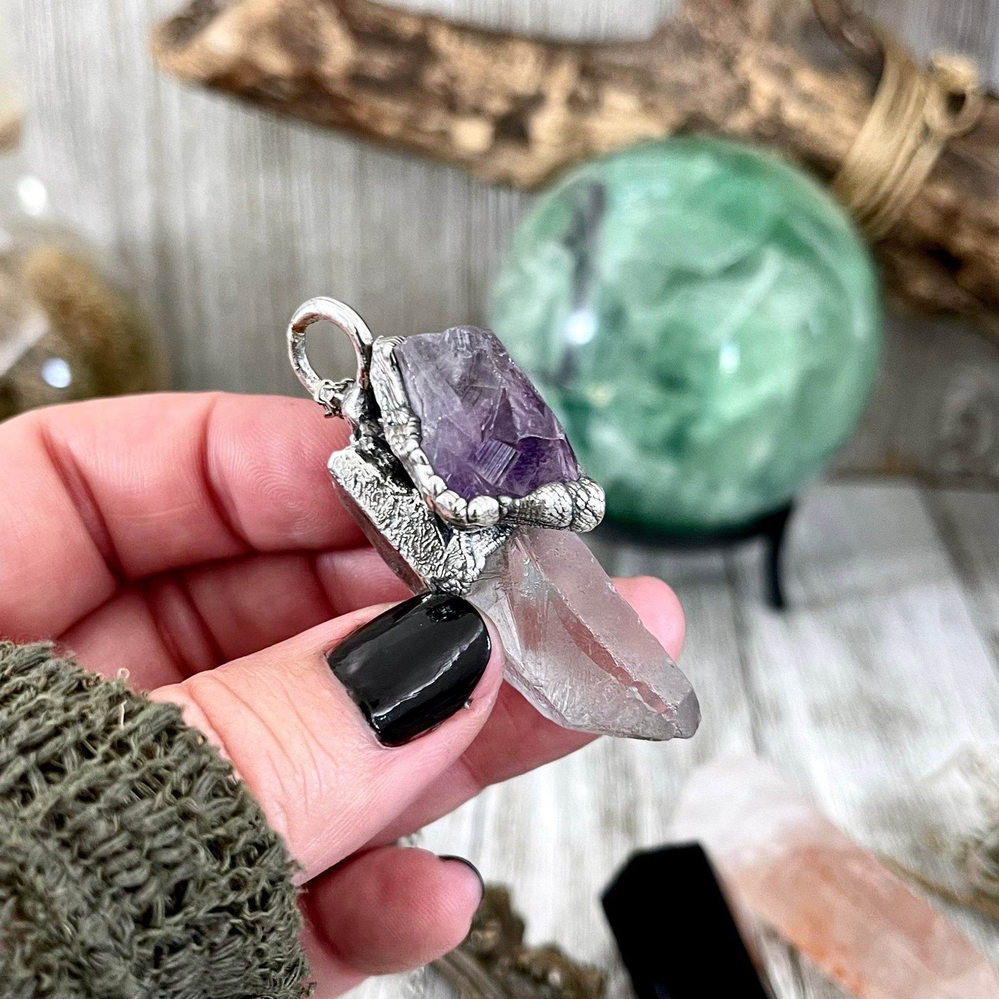 Raw Clear Quartz & Purple Amethyst Crystal Statement Necklace in Fine Silver / Foxlark Collection - One of a Kind - Foxlark Crystal Jewelry