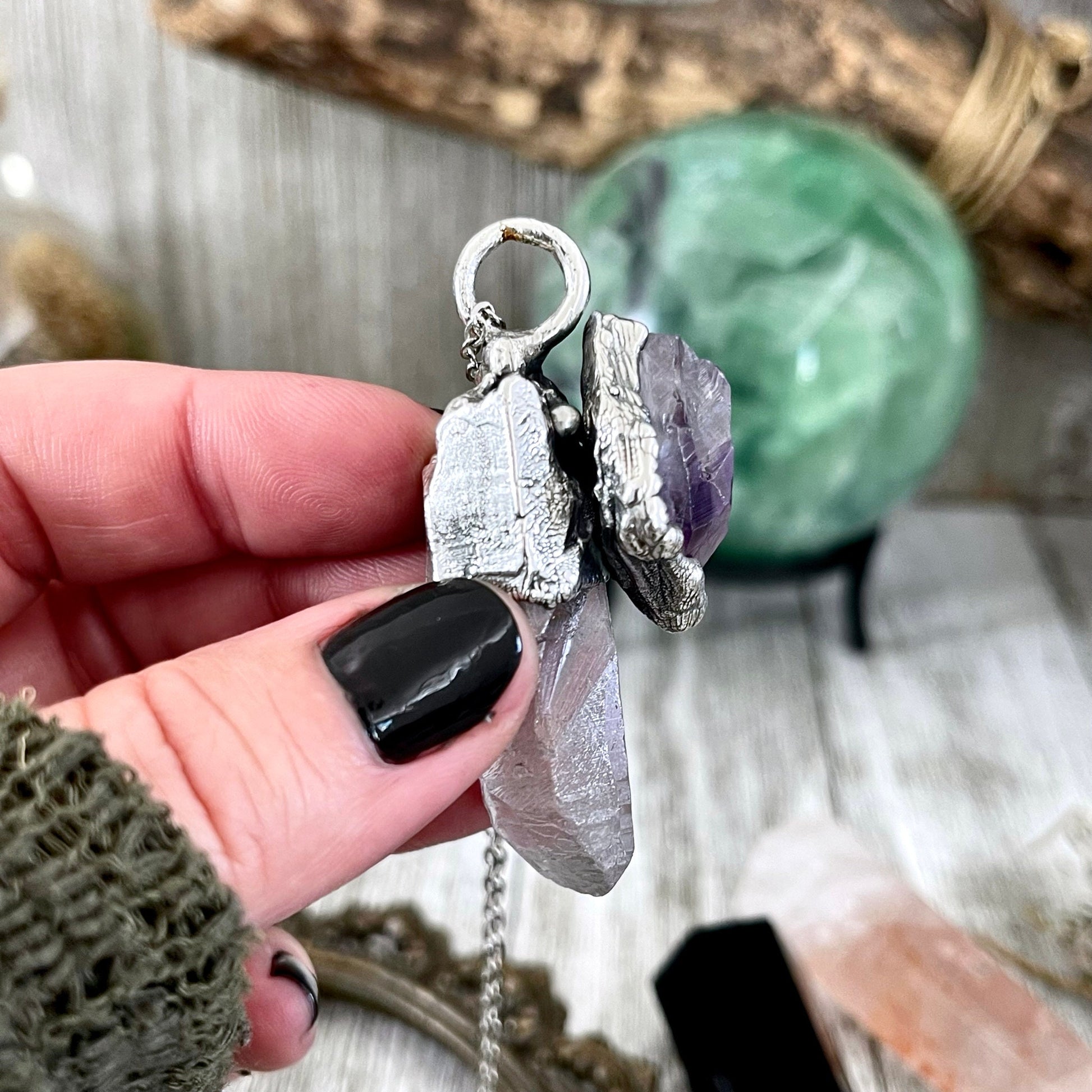 Raw Clear Quartz & Purple Amethyst Crystal Statement Necklace in Fine Silver / Foxlark Collection - One of a Kind - Foxlark Crystal Jewelry