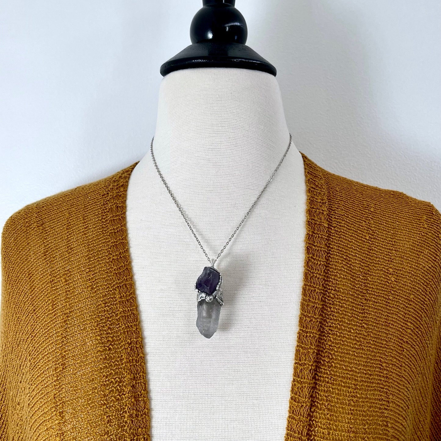Raw Clear Quartz & Purple Amethyst Crystal Statement Necklace in Fine Silver / Foxlark Collection - One of a Kind - Foxlark Crystal Jewelry