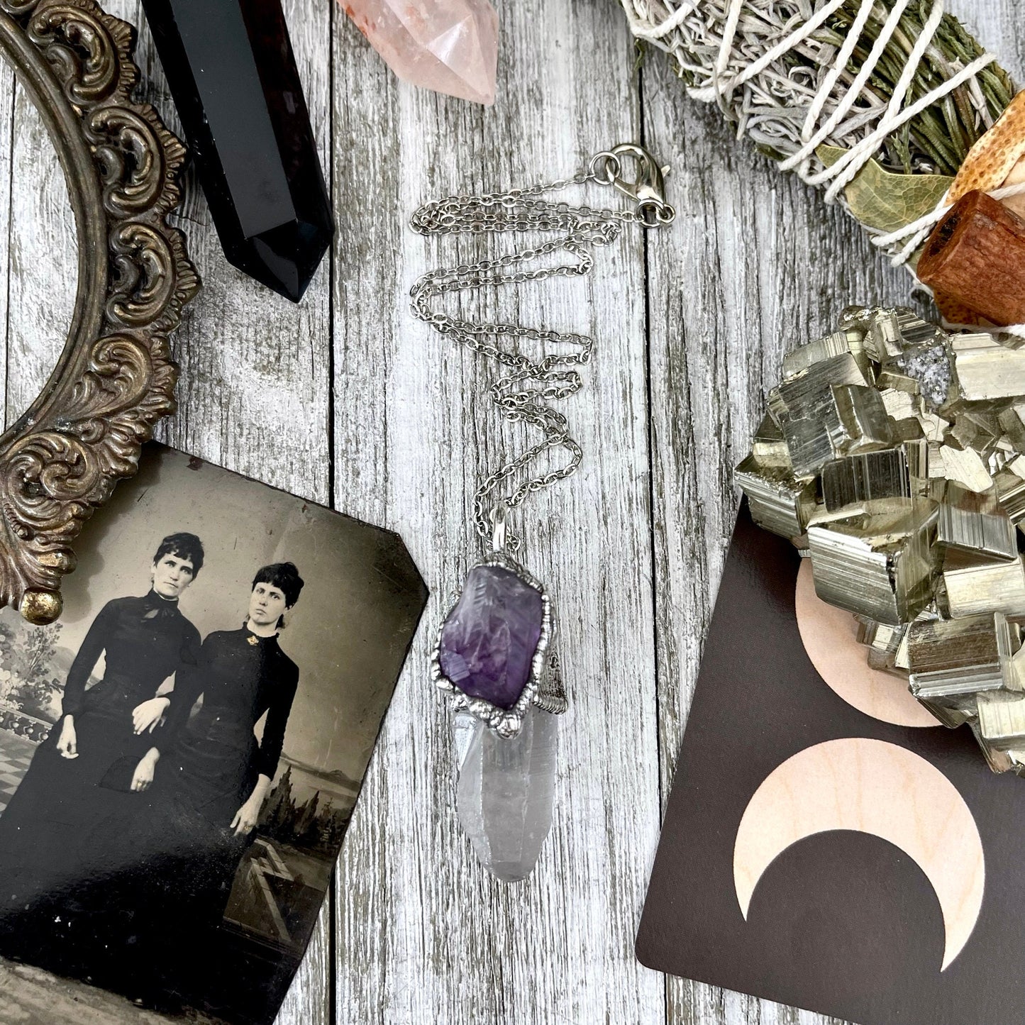 Raw Clear Quartz & Purple Amethyst Crystal Statement Necklace in Fine Silver / Foxlark Collection - One of a Kind - Foxlark Crystal Jewelry