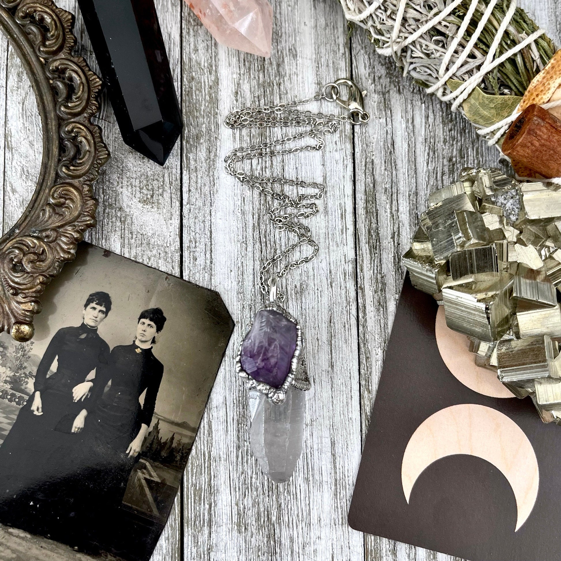 Raw Clear Quartz & Purple Amethyst Crystal Statement Necklace in Fine Silver / Foxlark Collection - One of a Kind - Foxlark Crystal Jewelry