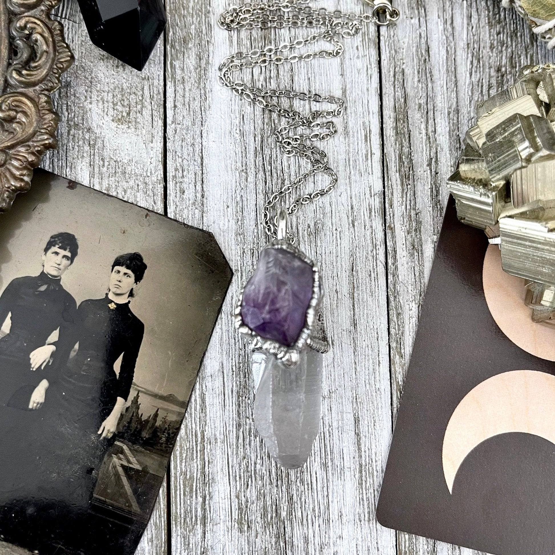 Raw Clear Quartz & Purple Amethyst Crystal Statement Necklace in Fine Silver / Foxlark Collection - One of a Kind - Foxlark Crystal Jewelry