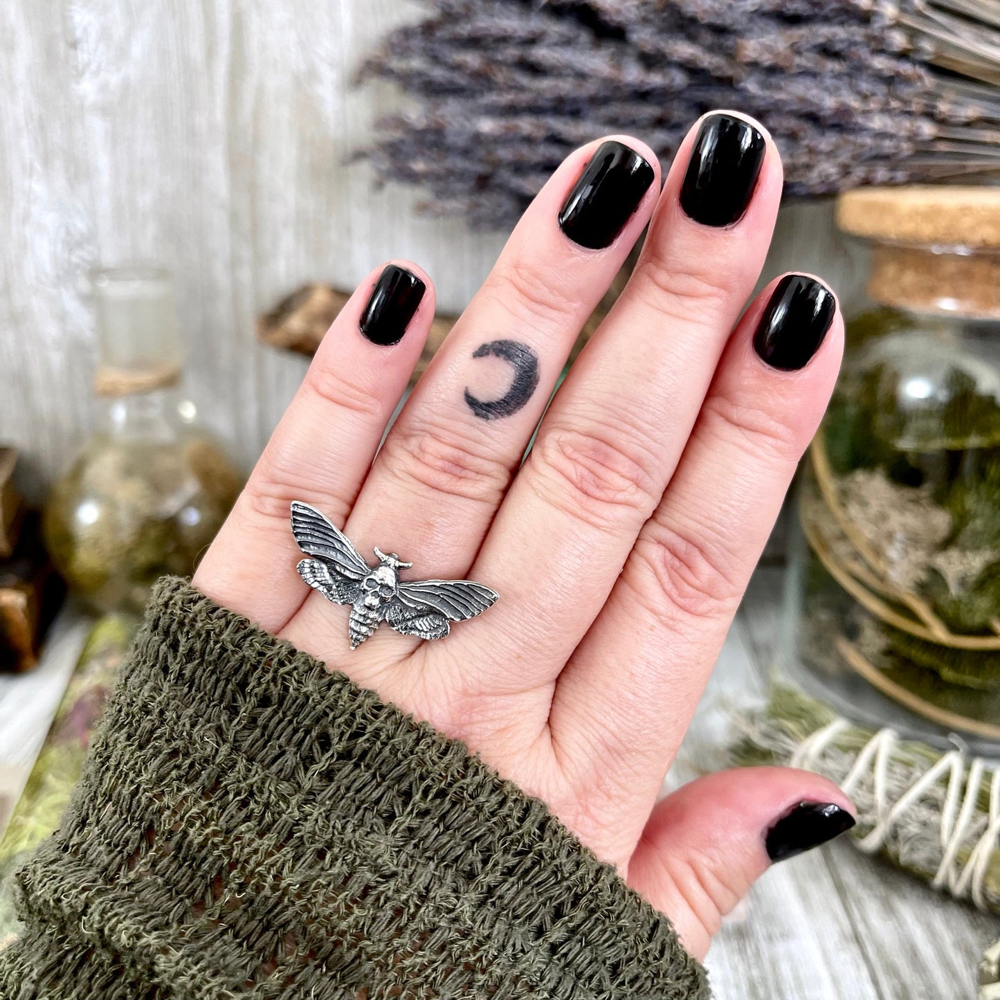Tiny Talismans Collection- Death's Head Moth Ring in Sterling Silver Size 7 8 9 / Curated Collection - Foxlark Crystal Jewelry