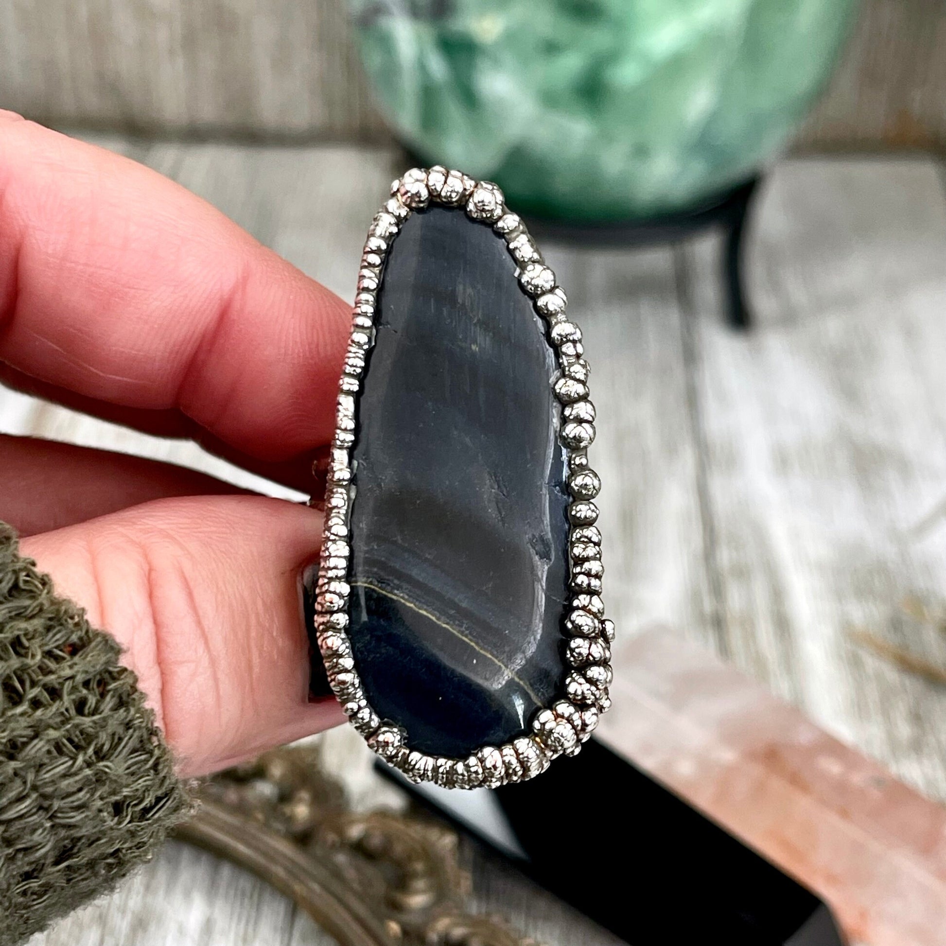 Size 10 Blue Tigers Eye Large Crystal Statement Ring in Fine Silver / Foxlark Collection - One of a Kind - Foxlark Crystal Jewelry