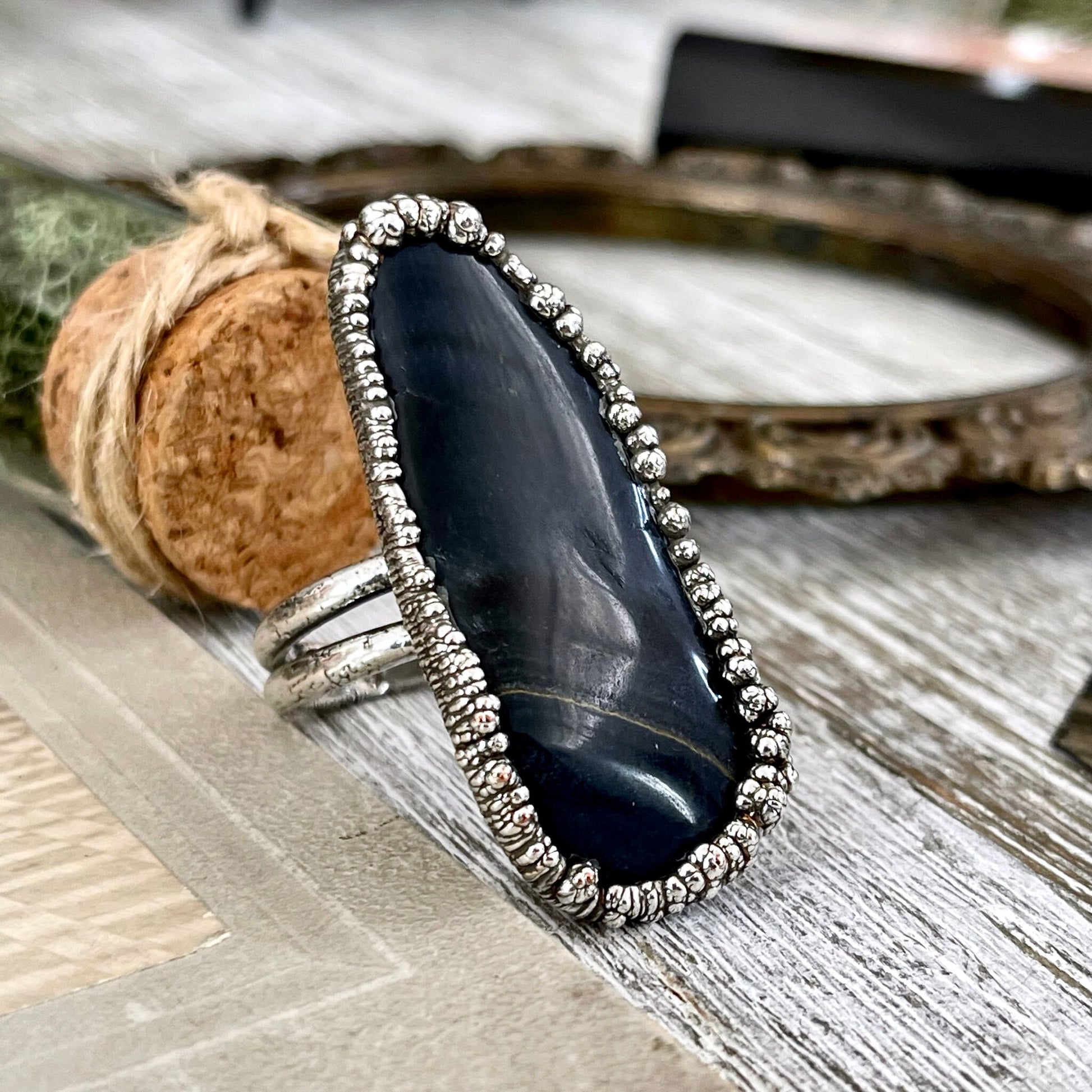 Size 10 Blue Tigers Eye Large Crystal Statement Ring in Fine Silver / Foxlark Collection - One of a Kind - Foxlark Crystal Jewelry