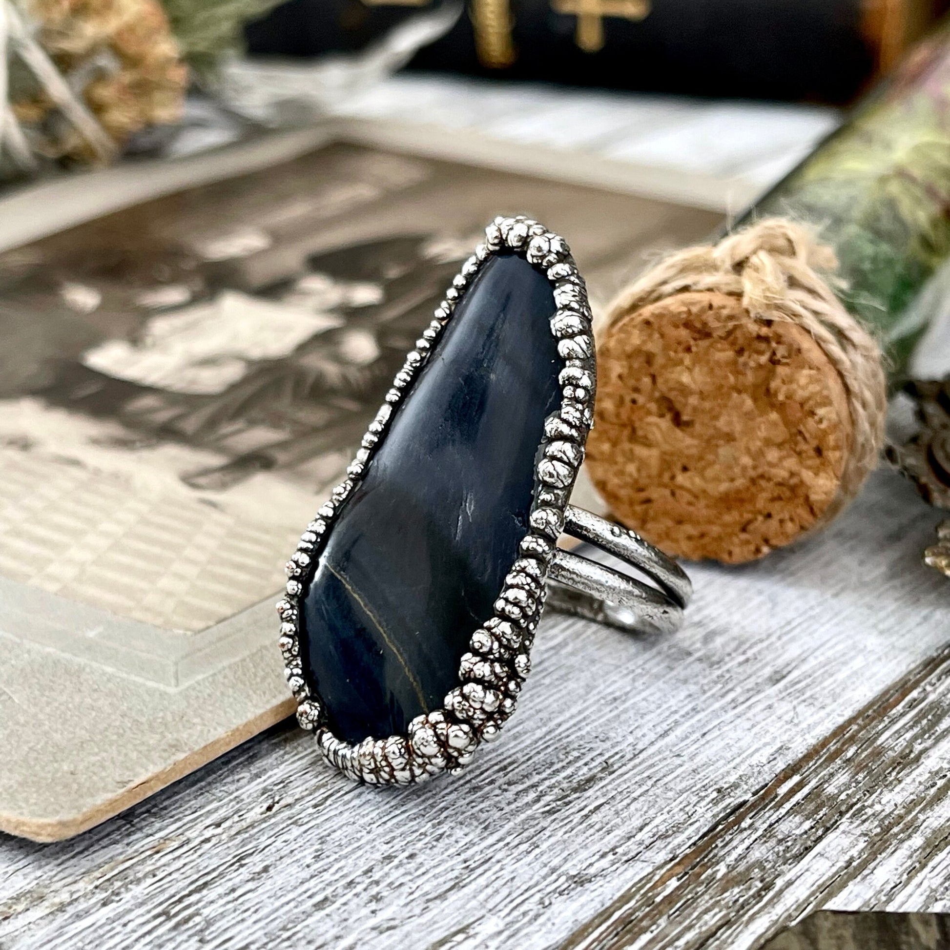 Size 10 Blue Tigers Eye Large Crystal Statement Ring in Fine Silver / Foxlark Collection - One of a Kind - Foxlark Crystal Jewelry