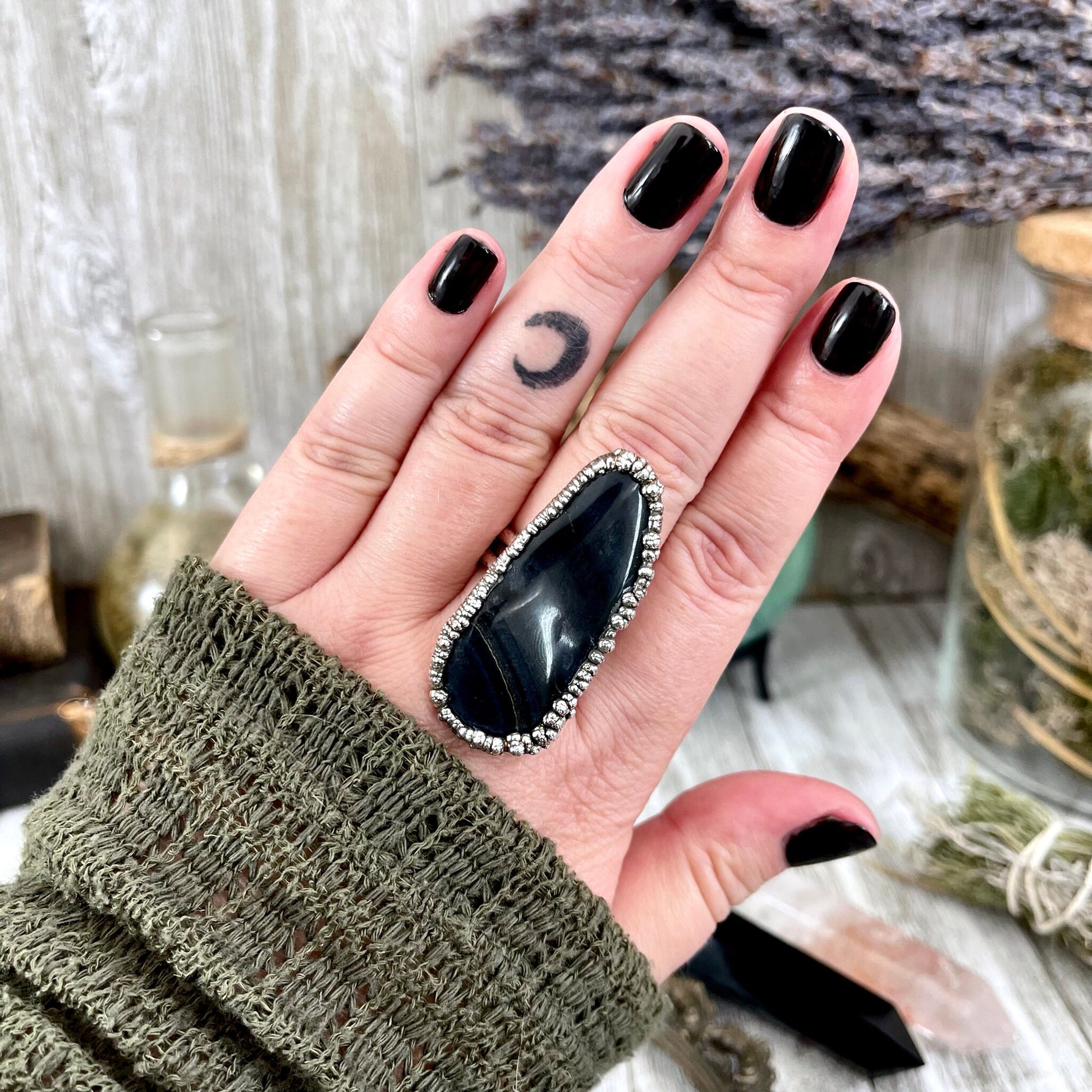 Size 10 Blue Tigers Eye Large Crystal Statement Ring in Fine Silver / Foxlark Collection - One of a Kind - Foxlark Crystal Jewelry
