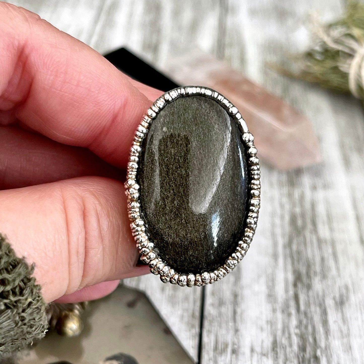 Size 7 Silver Sheen Obsidian Statement Ring in fine Silver / Foxlark Collection - One of a Kind - Foxlark Crystal Jewelry