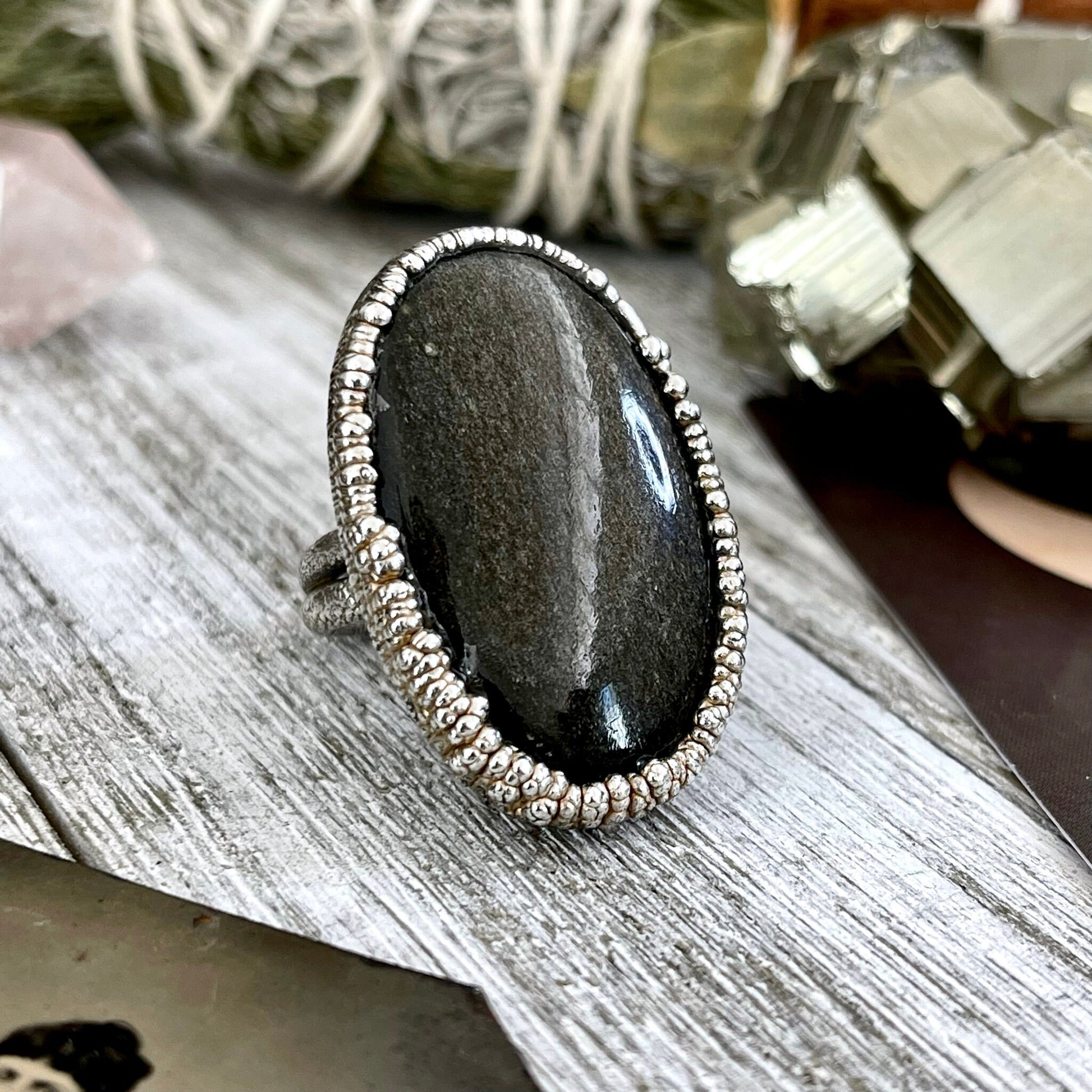 Size 7 Silver Sheen Obsidian Statement Ring in fine Silver / Foxlark Collection - One of a Kind - Foxlark Crystal Jewelry