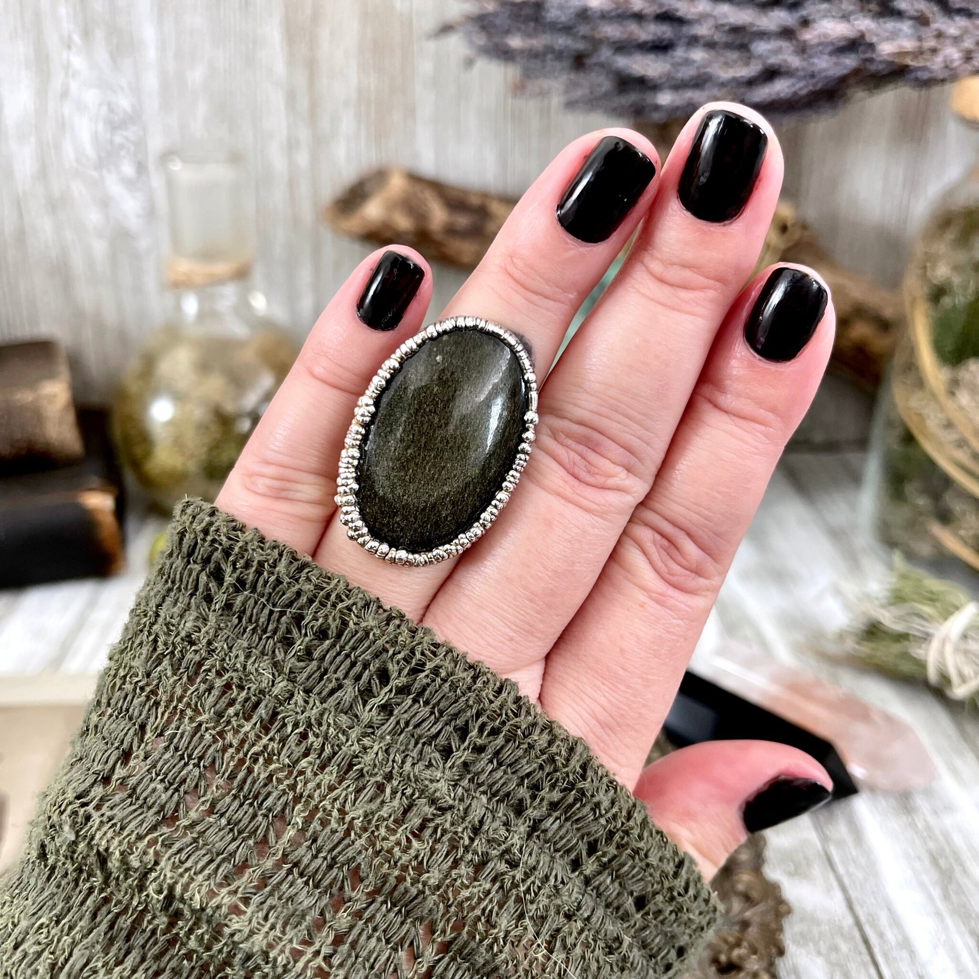 Size 7 Silver Sheen Obsidian Statement Ring in fine Silver / Foxlark Collection - One of a Kind - Foxlark Crystal Jewelry