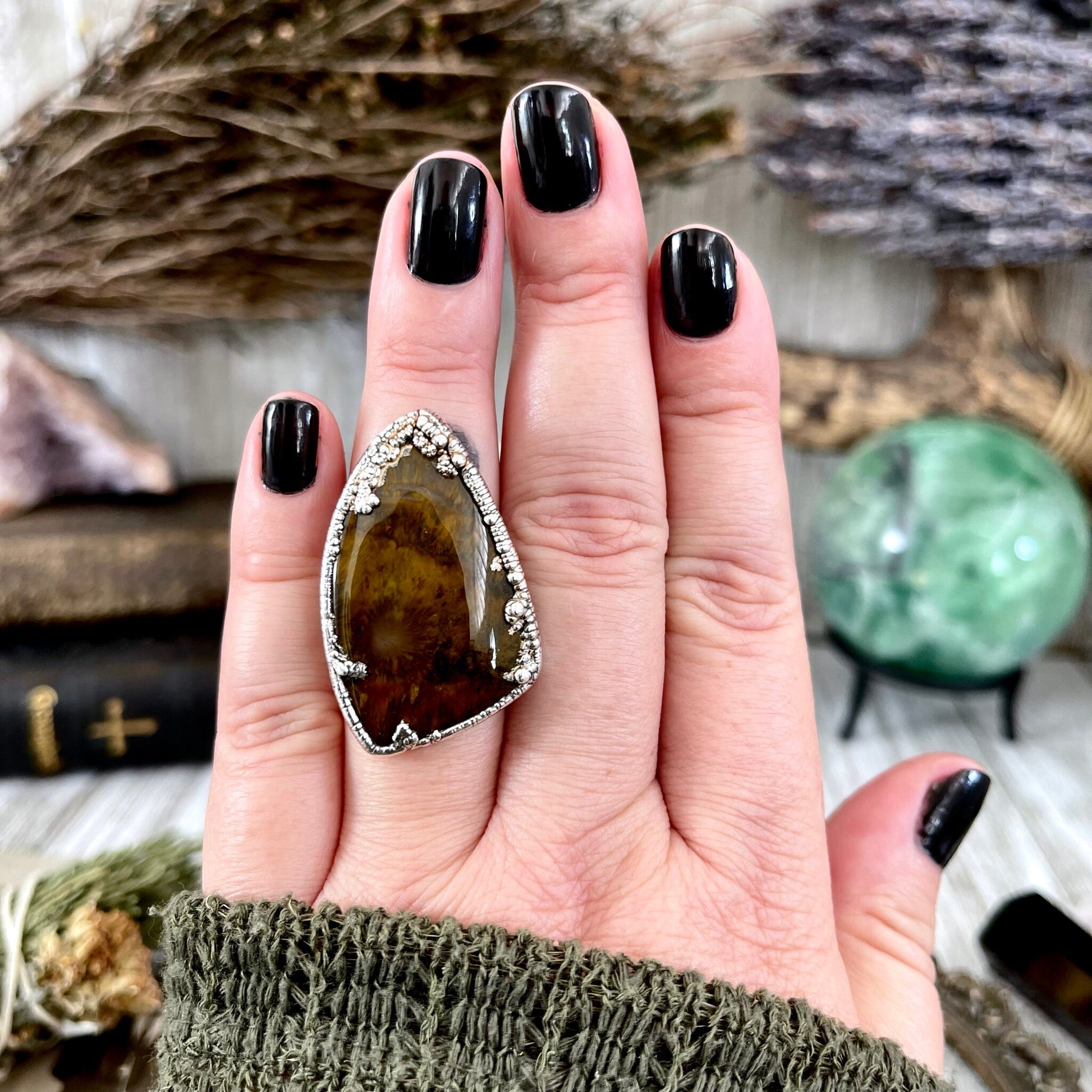 Size 7 Silver Natural Fancy Moss Agate Crystal Statement Ring / Foxlark Collection - One of a Kind - Foxlark Crystal Jewelry