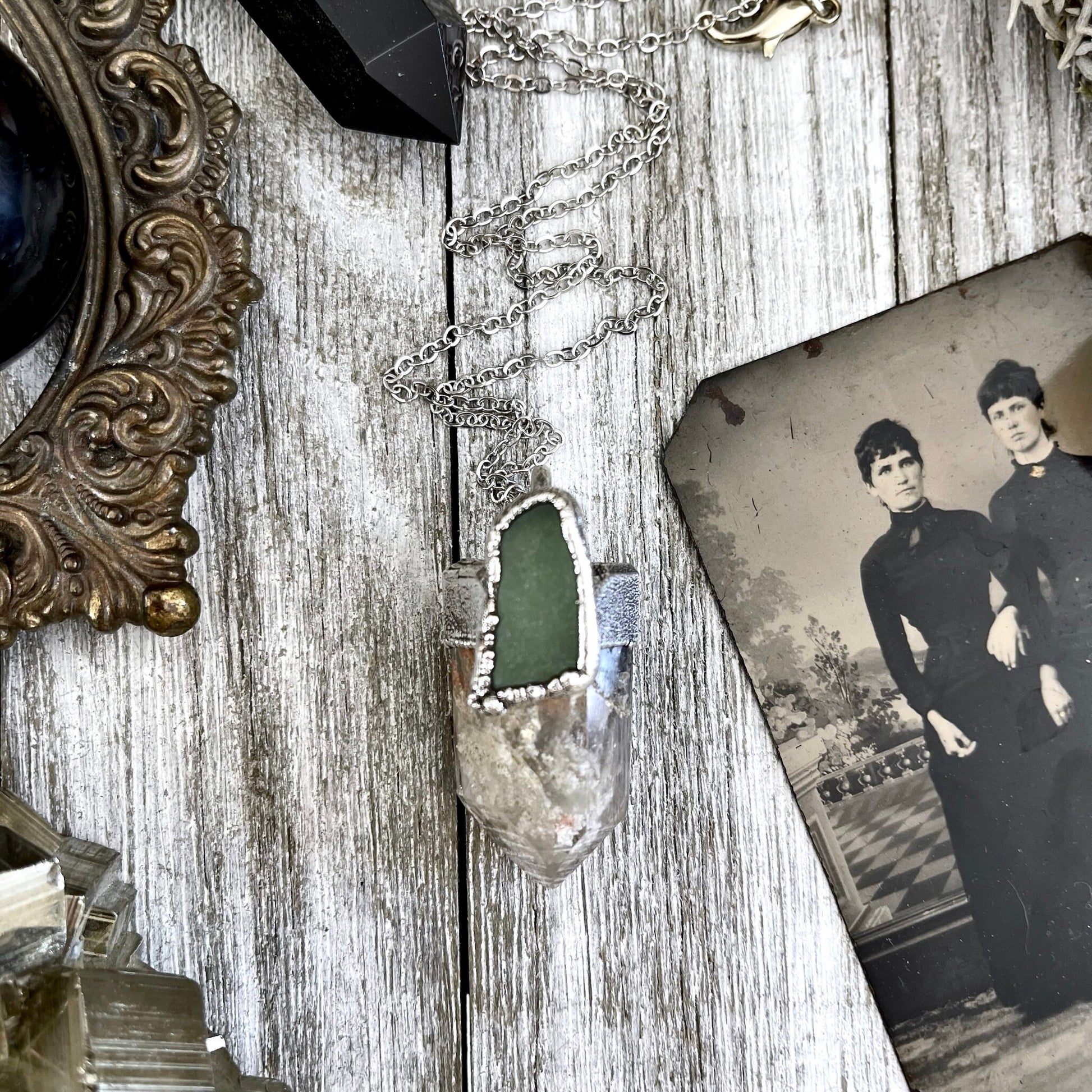 Garden Quartz & Green Sea Glass Crystal Statement Necklace in Fine Silver / Foxlark Collection - One of a Kind - Foxlark Crystal Jewelry