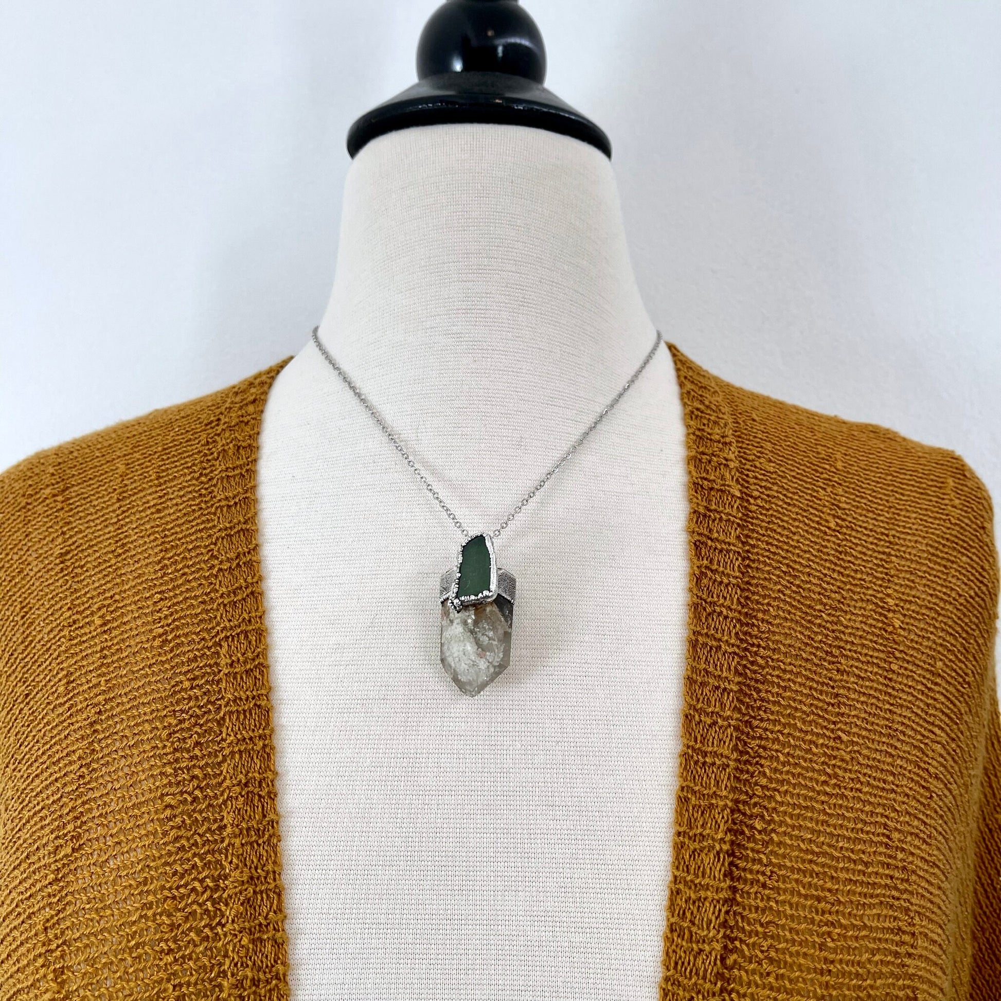 Garden Quartz & Green Sea Glass Crystal Statement Necklace in Fine Silver / Foxlark Collection - One of a Kind - Foxlark Crystal Jewelry