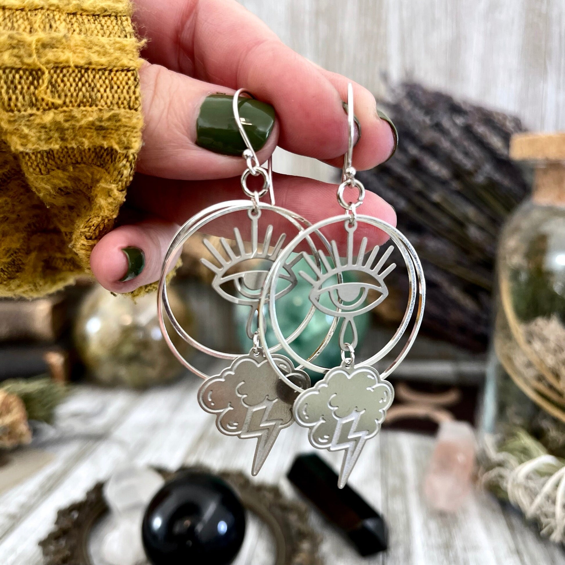 Thundercloud & Eye Hoop Stainless Steel Earrings/ Evil Eye Hoop Earrings - Long Dangly Gothic Earrings - Foxlark Crystal Jewelry