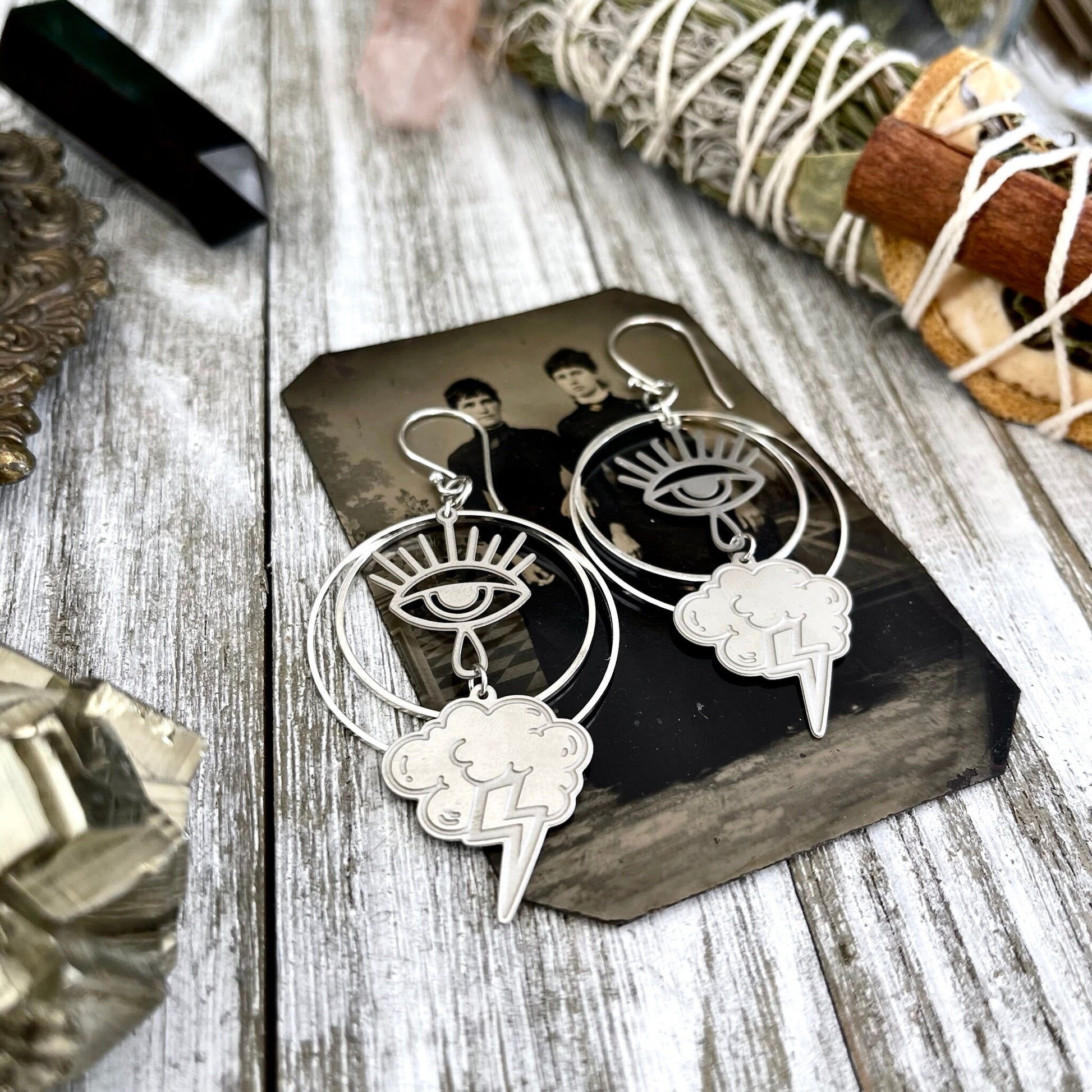Thundercloud & Eye Hoop Stainless Steel Earrings/ Evil Eye Hoop Earrings - Long Dangly Gothic Earrings - Foxlark Crystal Jewelry