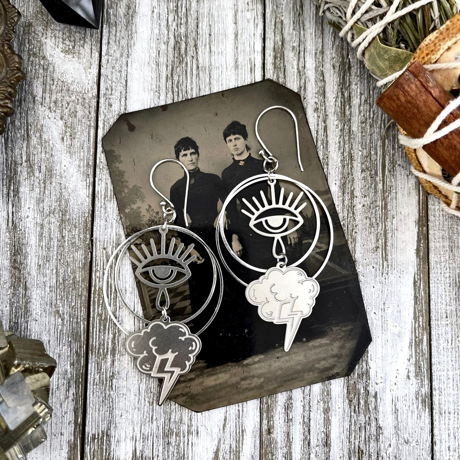 Thundercloud & Eye Hoop Stainless Steel Earrings/ Evil Eye Hoop Earrings - Long Dangly Gothic Earrings - Foxlark Crystal Jewelry