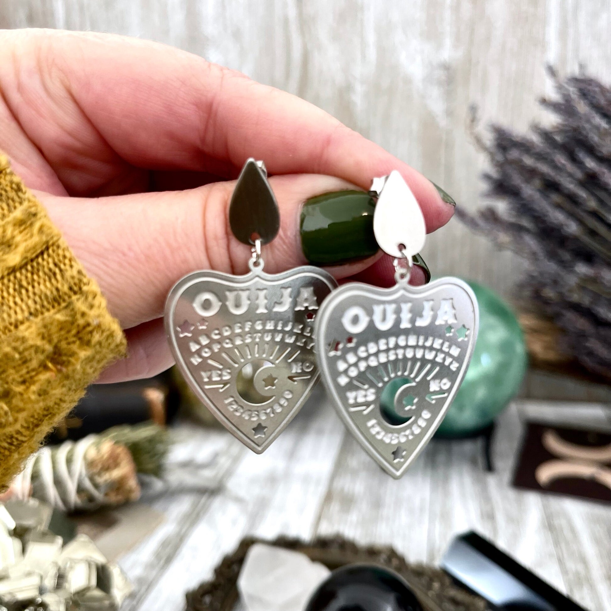 Teardrop Post Ouija Board Planchette Crescent Moon Earrings/ Sterling Silver & Stainless Steel - Foxlark Crystal Jewelry