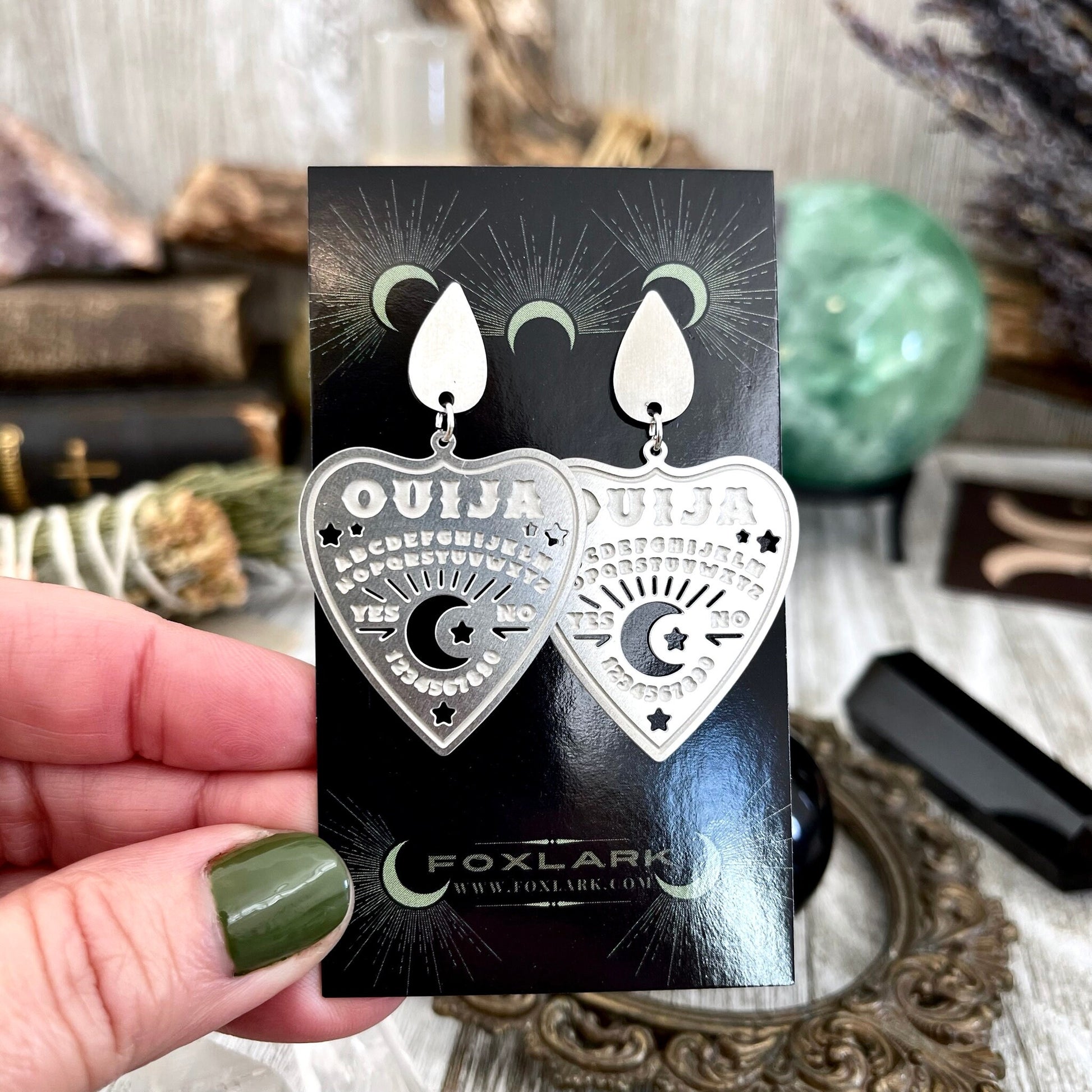 Teardrop Post Ouija Board Planchette Crescent Moon Earrings/ Sterling Silver & Stainless Steel - Foxlark Crystal Jewelry
