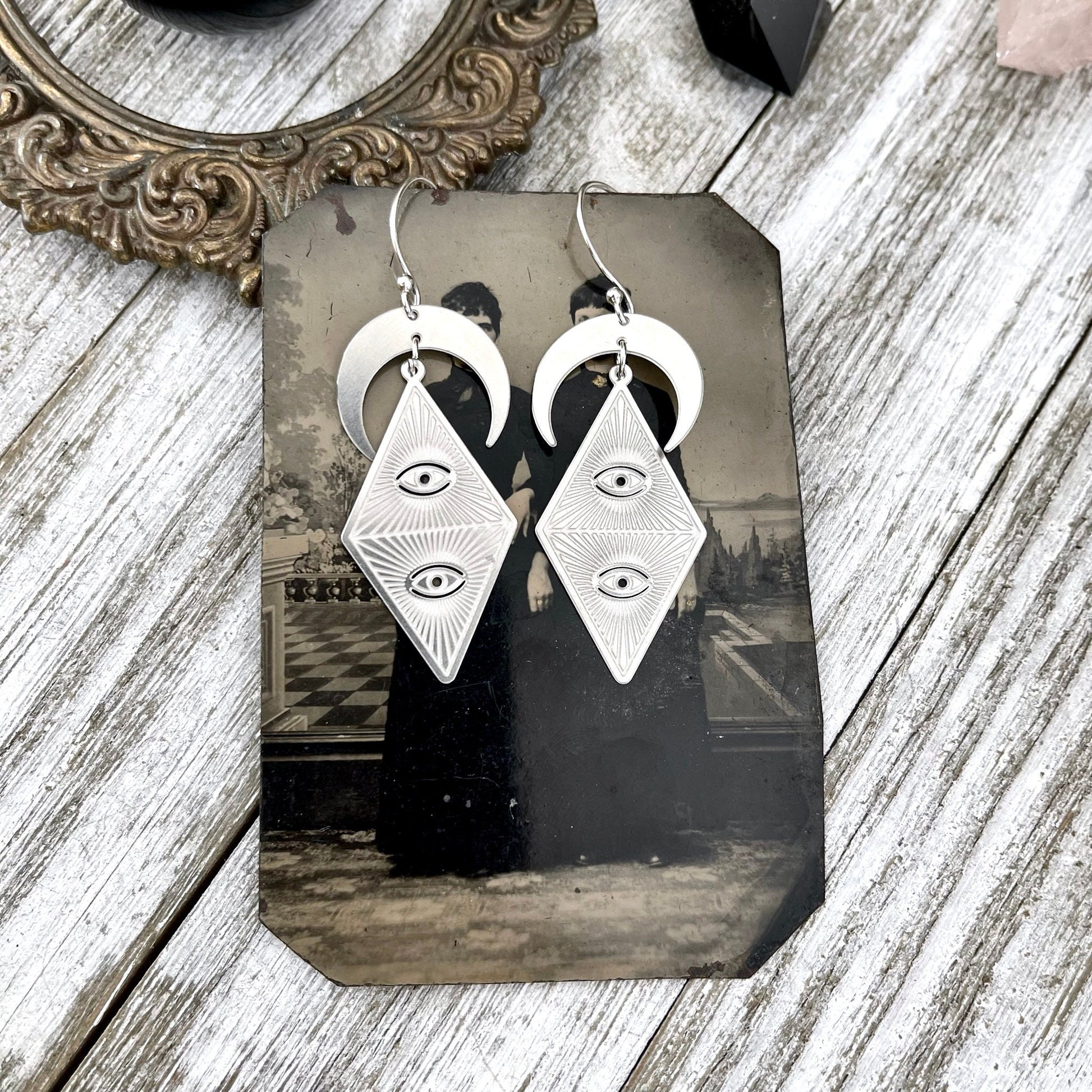 Moon and Triangle Eye Earrings in Hypoallergenic Stainless Steel / Witchy Geometric Eye Earrings - Foxlark Crystal Jewelry