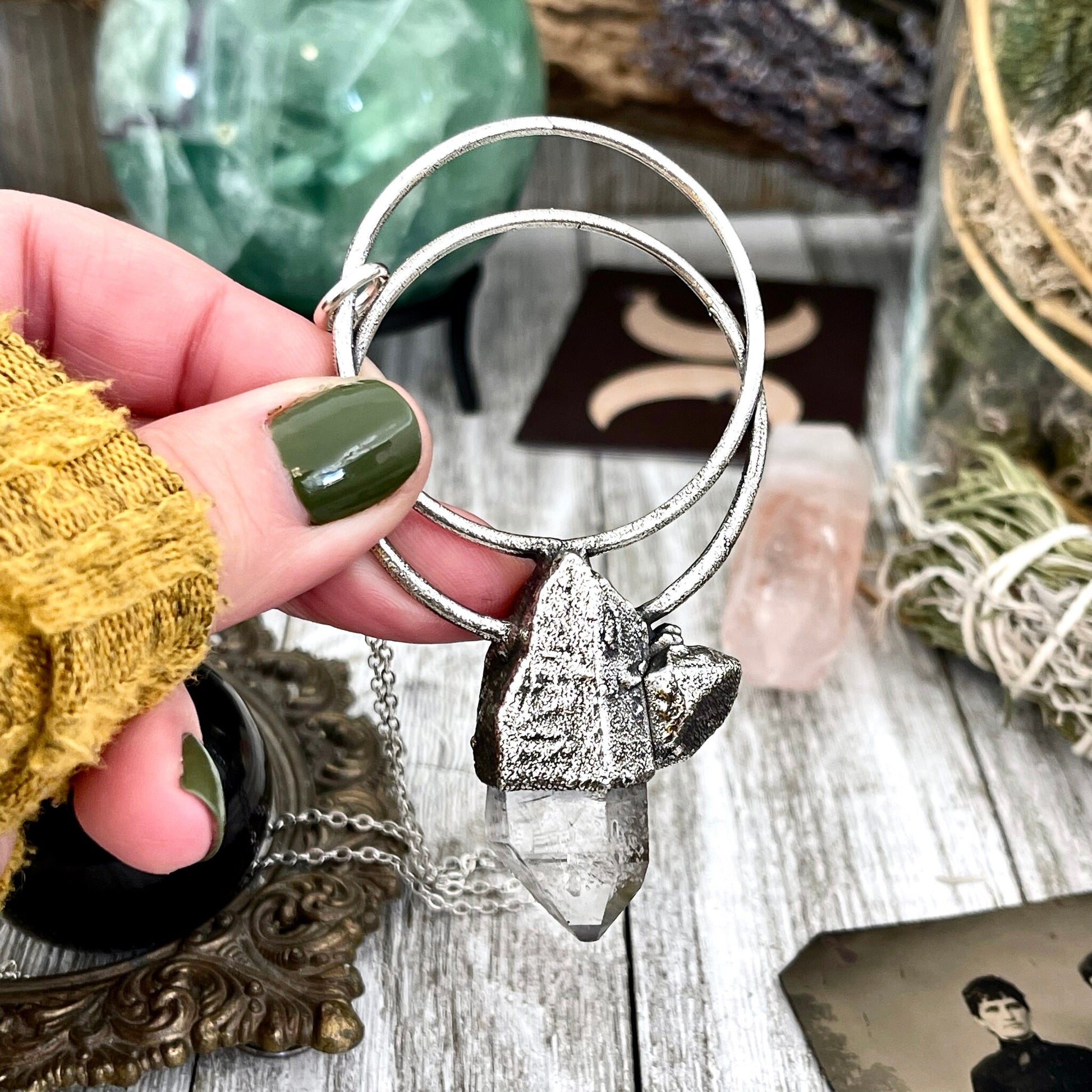 Large Clear Quartz Crystal Necklace Pendant in Fine Silver / Witchy Necklace Goth Jewelry - Foxlark Crystal Jewelry